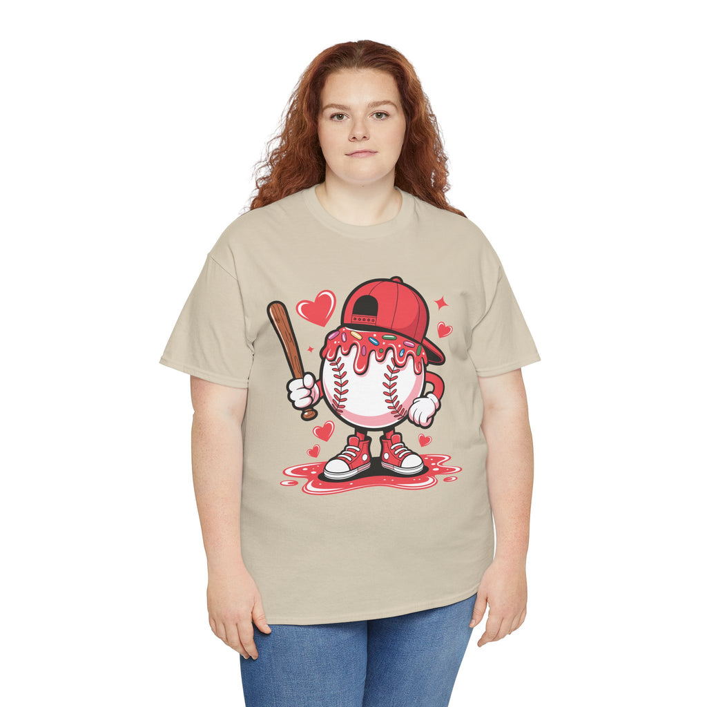 Cute Baseball Character T-Shirt — Red Cap & Icing Top Graphic with Hearts Unisex Cotton Tee
