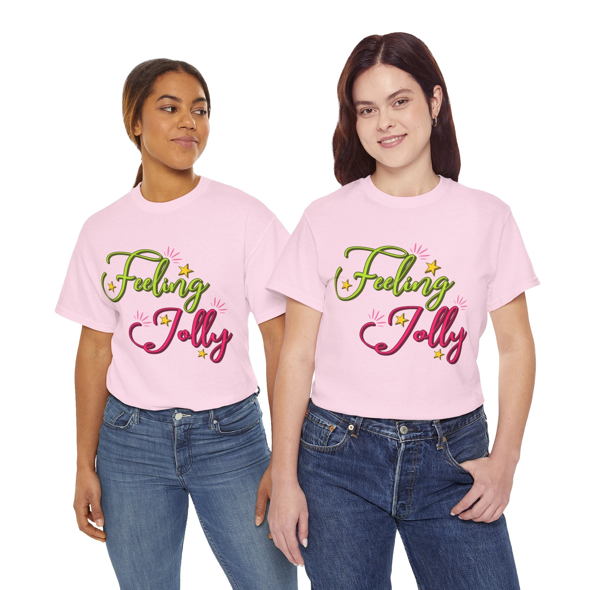 Feeling Jolly Tee — Festive Green & Pink Script with Yellow Stars Unisex Cotton Tee