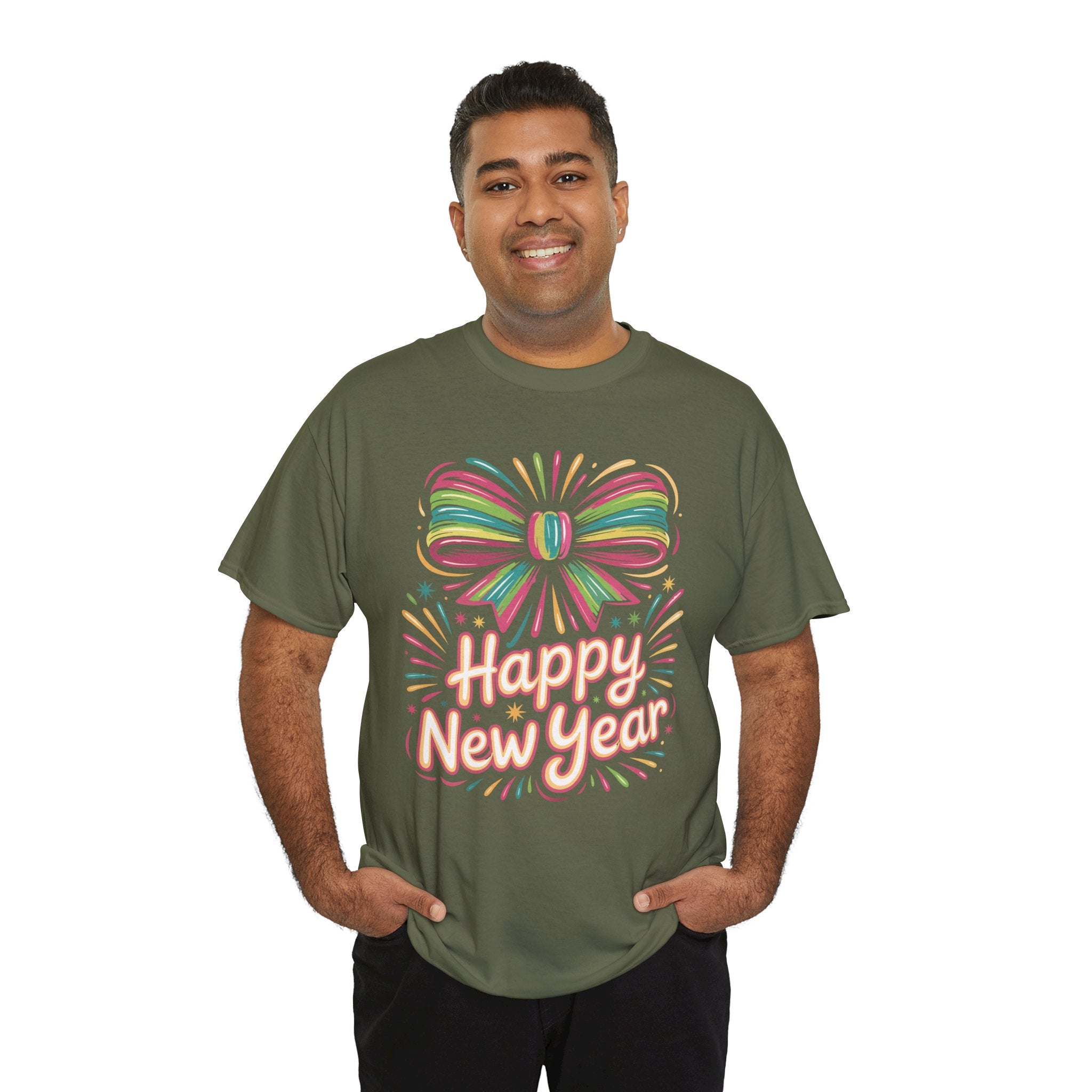 Happy New Year Pastel Tee — Rainbow Bow & Fireworks Celebration Unisex Cotton Tshirt