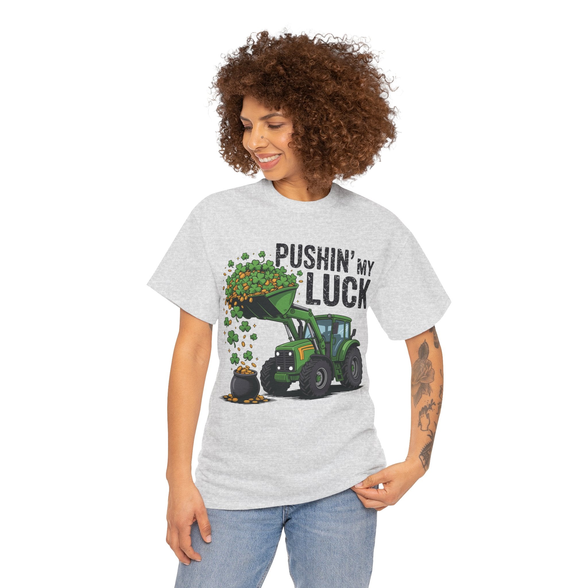 Pushin' My Luck Shamrock Tractor Tee — St. Patrick's Day Unisex Cotton T-Shirt