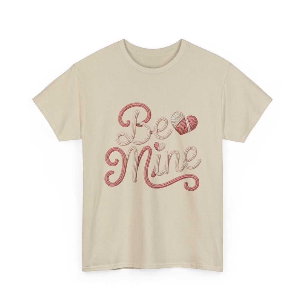 Be Mine Yarn Heart T-Shirt — Valentine’s Faux-Yarn Pink & Cream Unisex Cotton Tee