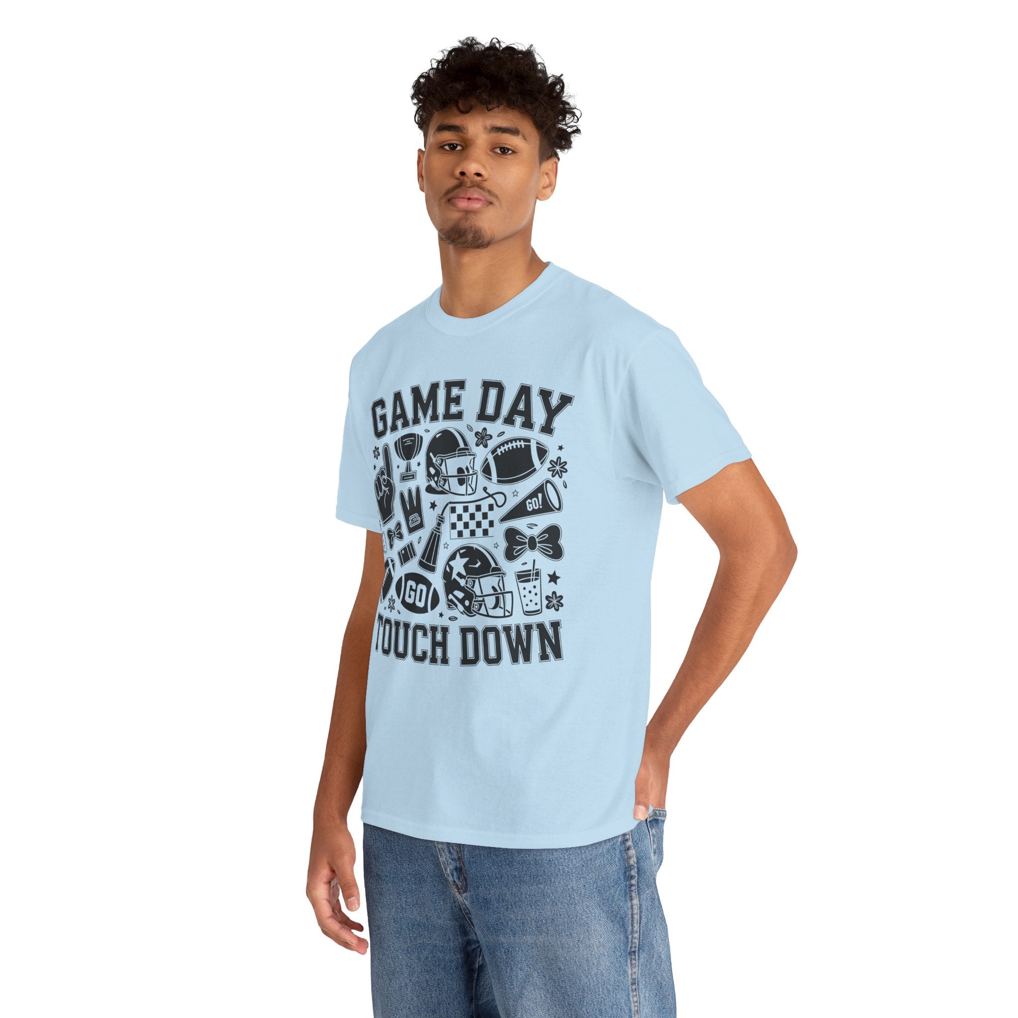 Game Day Touch Down Football T‑Shirt — Helmet & Cheer Monochrome Design Unisex Cotton Tee