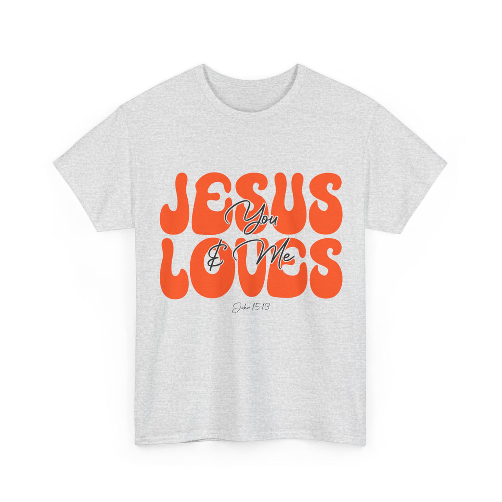 Jesus Loves You & Me Retro Tee — Playful Orange Bubbly Christian Unisex Cotton T-Shirt