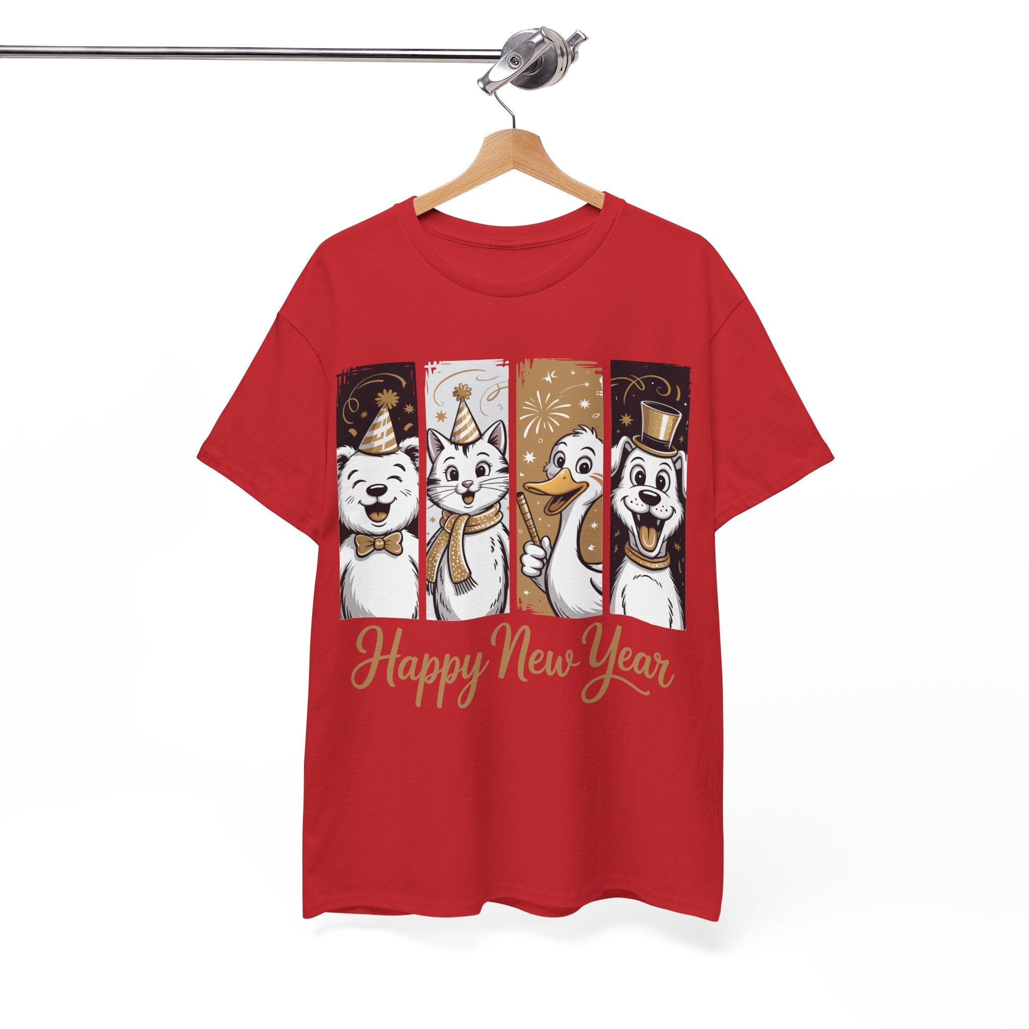 Happy New Year Party Animals T-Shirt — Cute Smiling Animals in Party Hats & Gold Fireworks..Unisex Cotton Tee