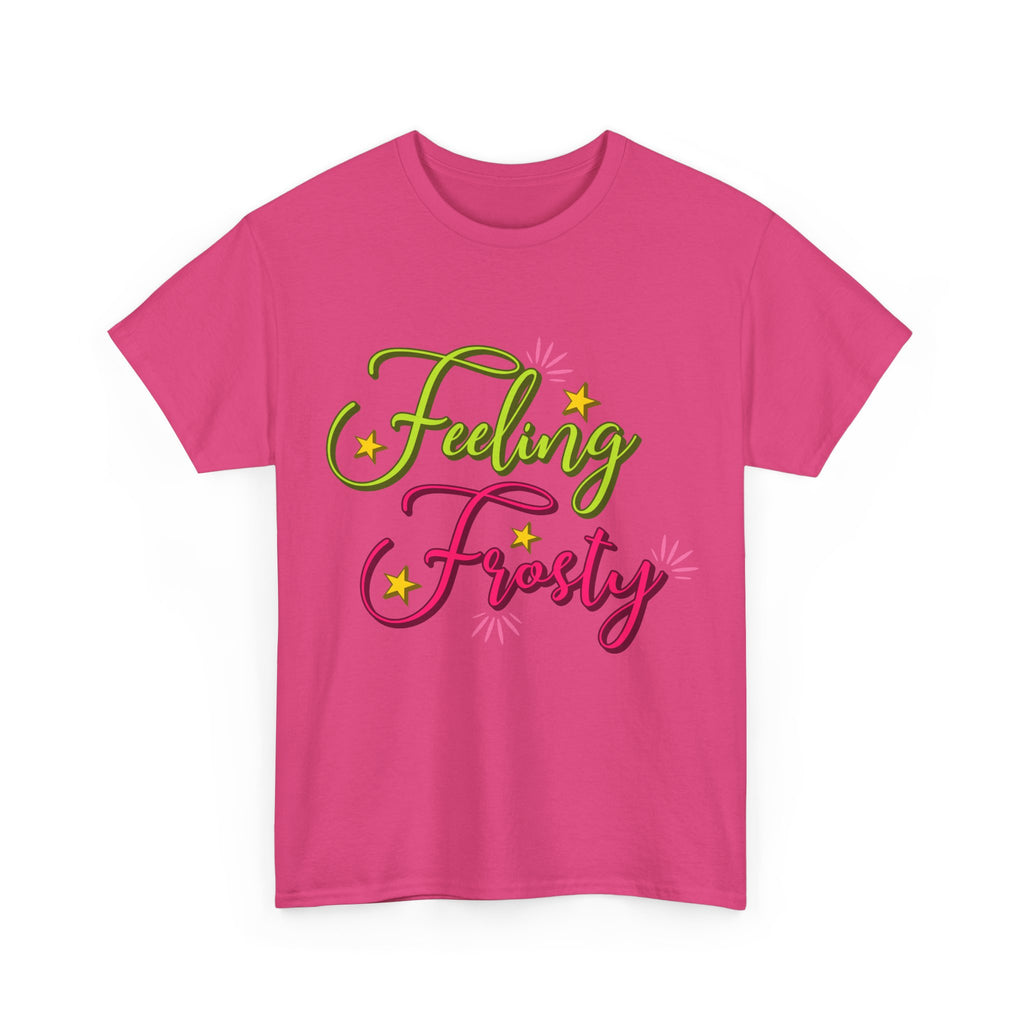 Feeling Frosty Holiday T-Shirt — Green & Pink Script Stars.Unisex Cotton Tee
