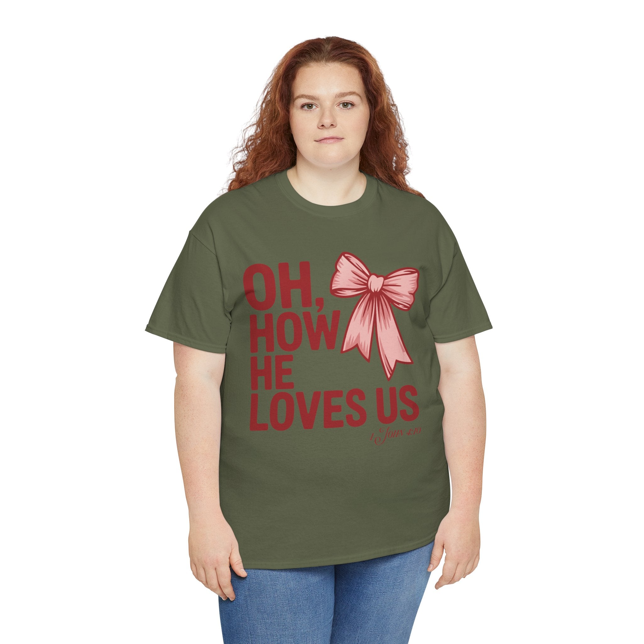 Oh, How He Loves Us Christian Valentine Tee — 1 John 4:10 Red & Pink Unisex Cotton Tee