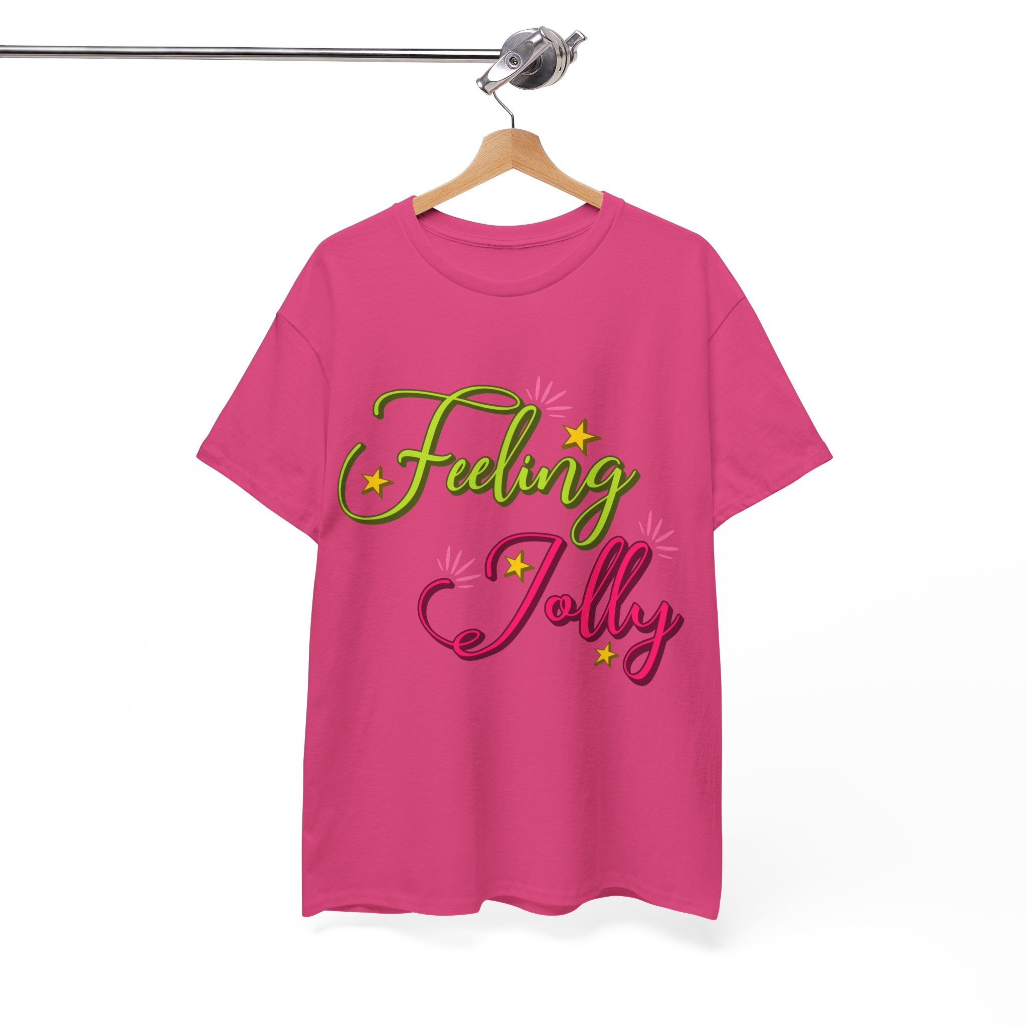 Feeling Jolly Tee — Festive Green & Pink Script with Yellow Stars Unisex Cotton Tee