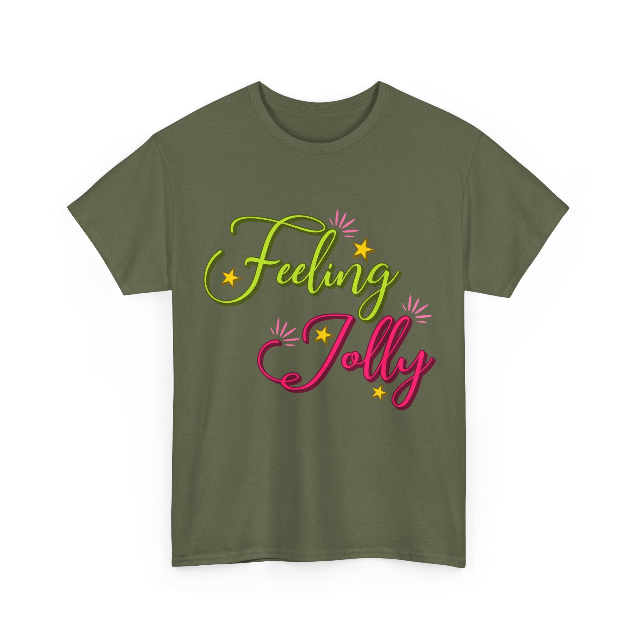 Feeling Jolly Tee — Festive Green & Pink Script with Yellow Stars Unisex Cotton Tee