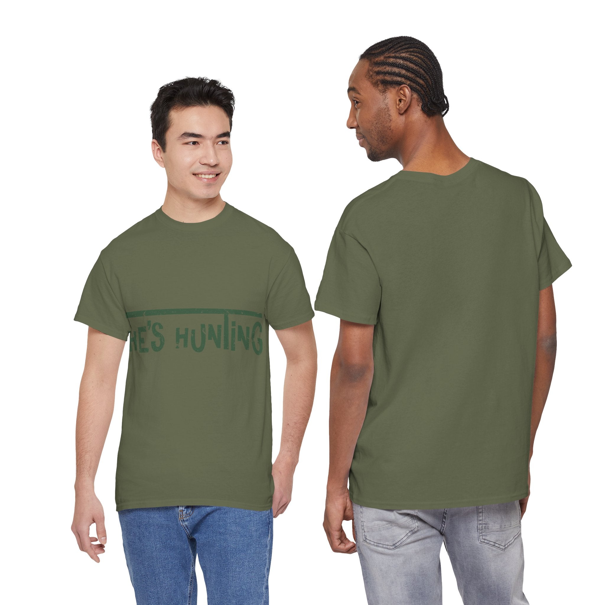 He’s Hunting Distressed Tee — Minimalist Tan Hunting Unisex Cotton Tshirt