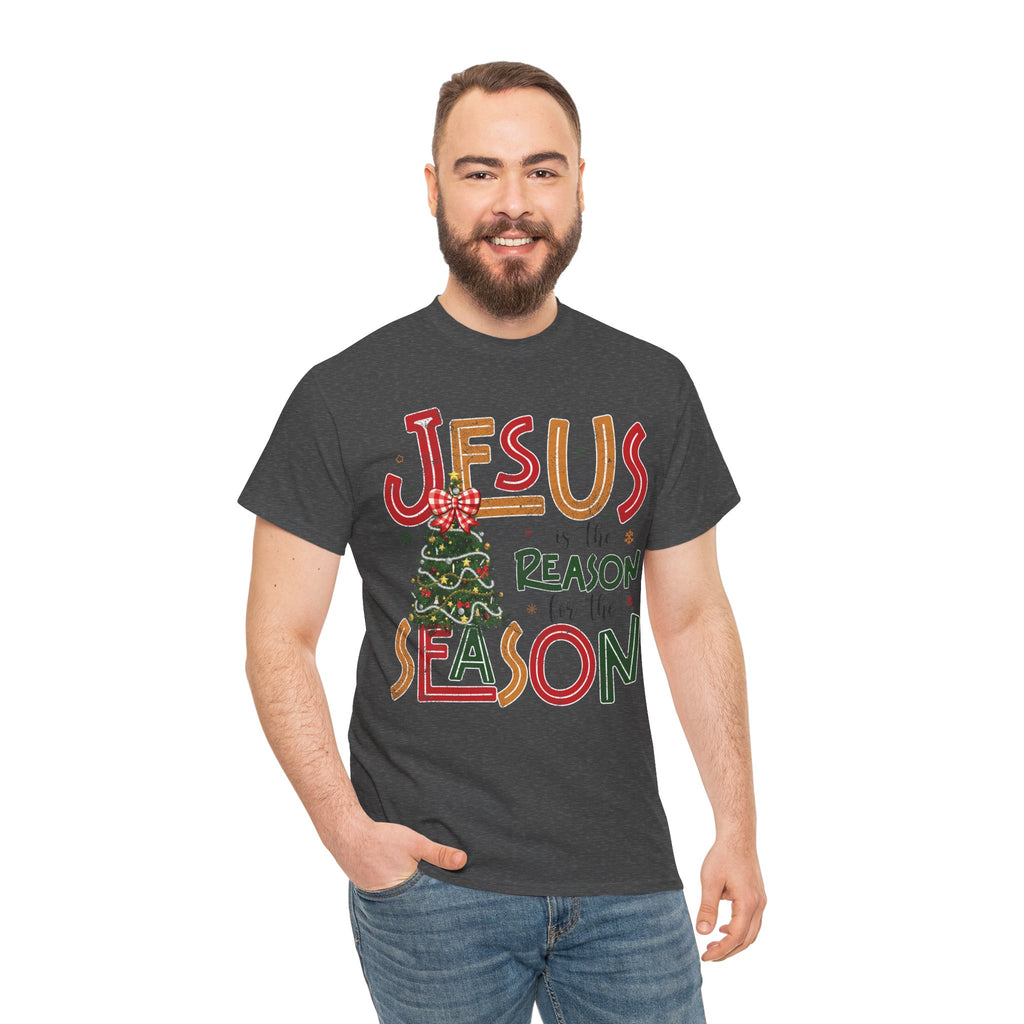 Jesus Is the Reason for the Season Christmas T-Shirt — Plaid Bow Tree..Unisex Cotton Tee