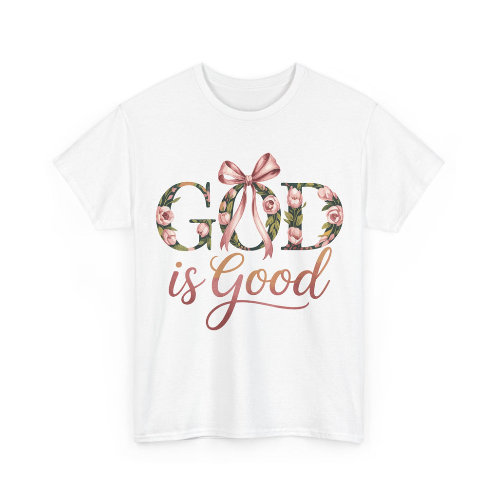 God Is Good Pink Rose Tee — Floral Ribbon Faith Unisex Cotton T-Shirt