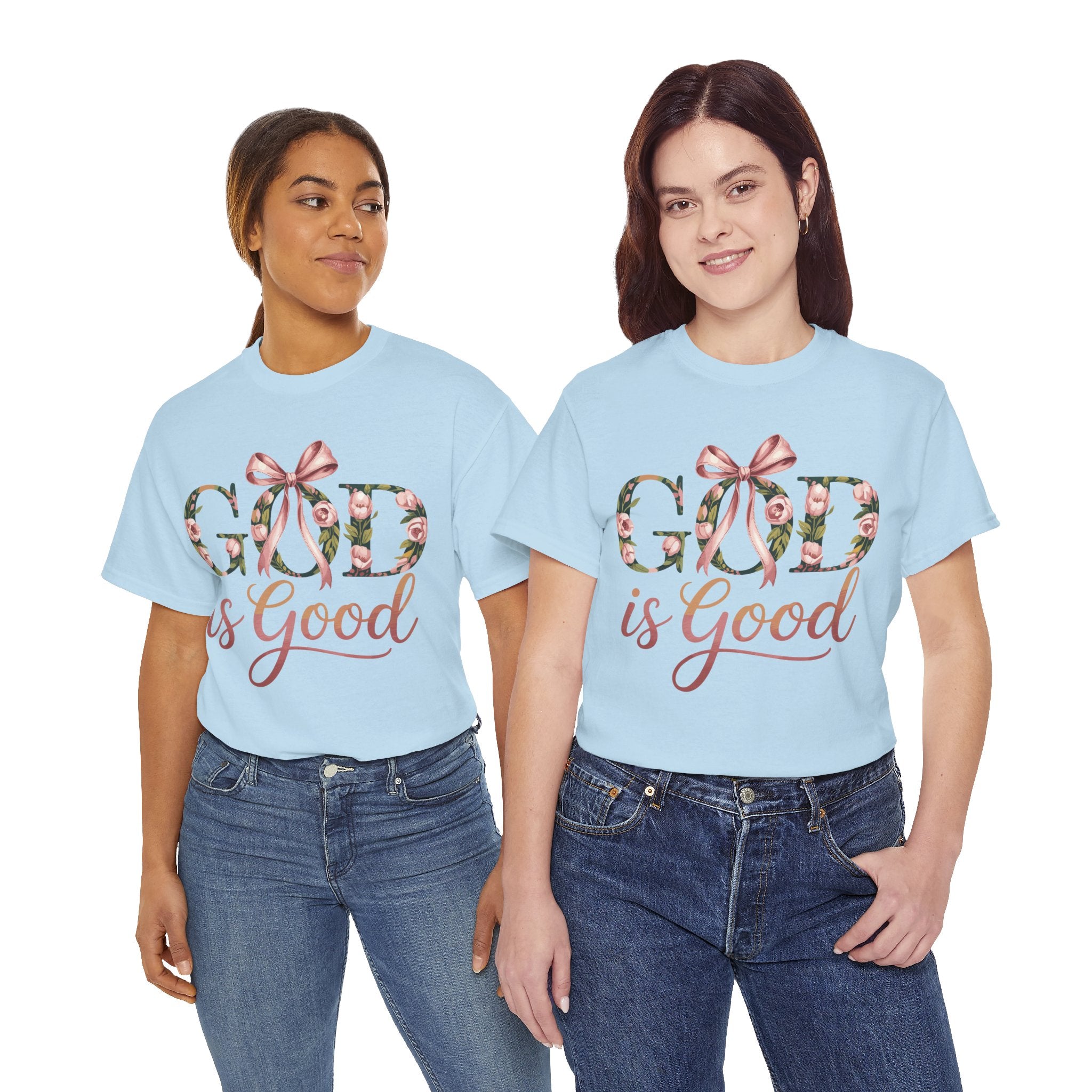 God Is Good Pink Rose Tee — Floral Ribbon Faith Unisex Cotton T-Shirt