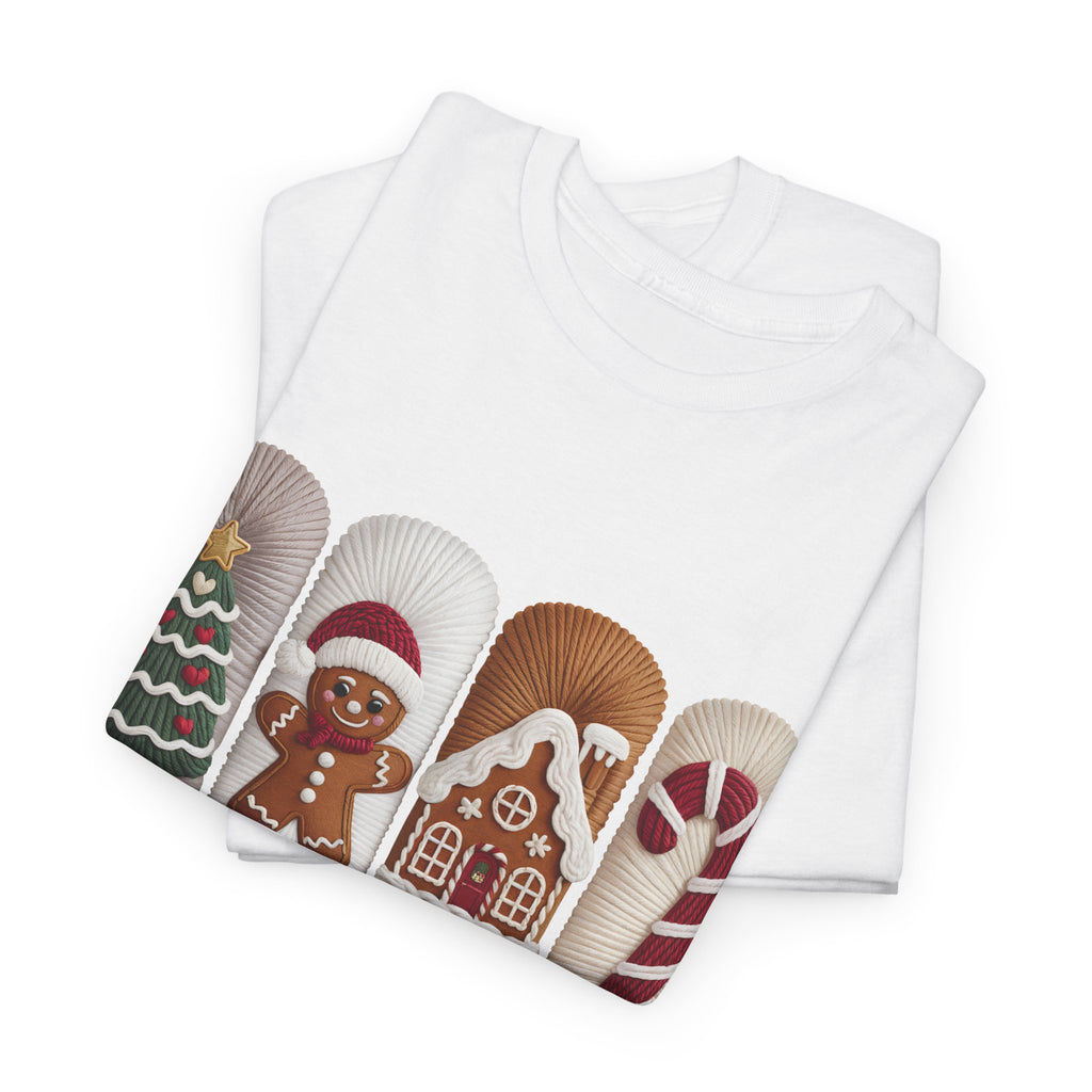 Christmas Faux-Yarn Tree Tee — Gingerbread House & Candy Cane Holiday Unisex Cotton T-Shirt