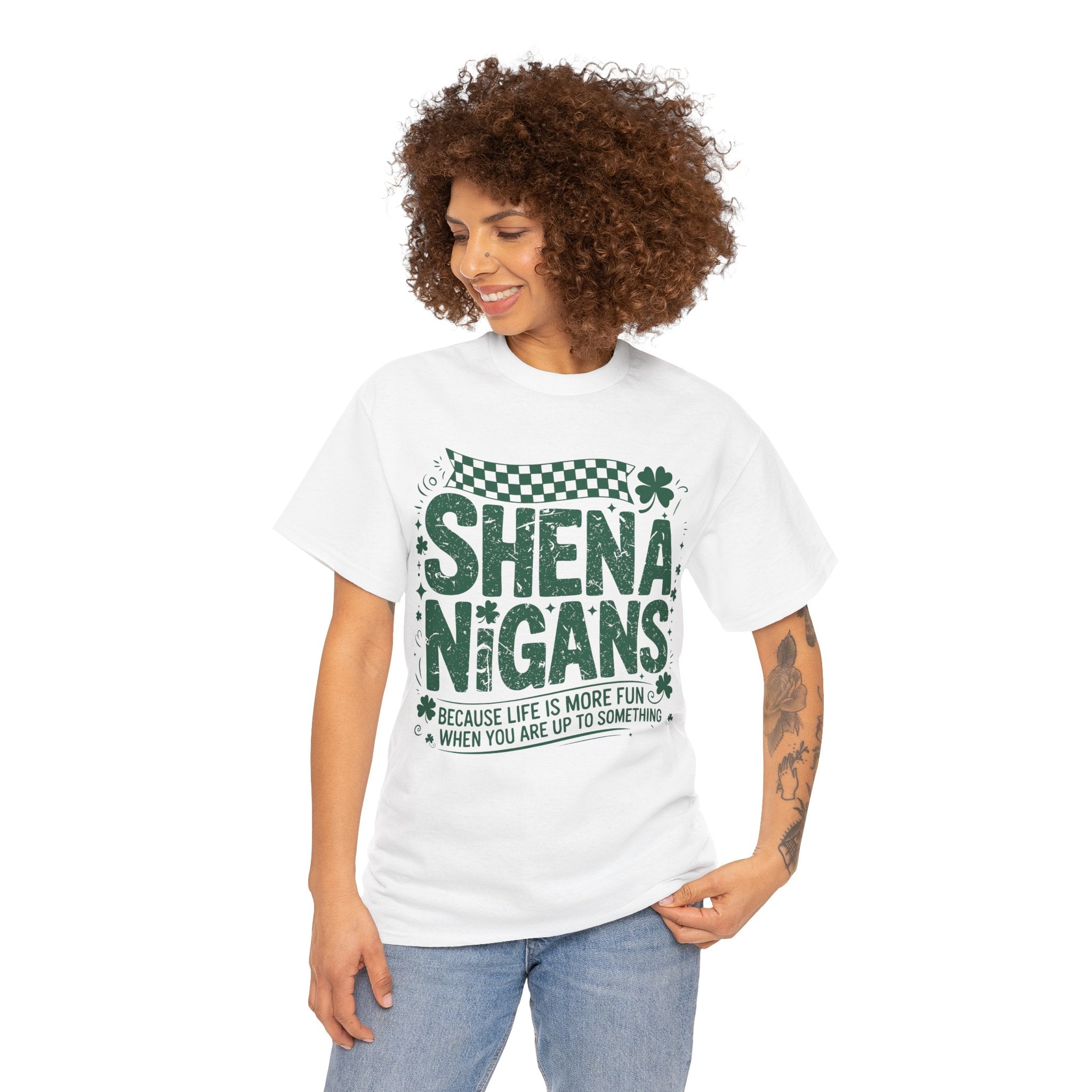 Shenanigans Clover Tee — Bright Green St. Patrick’s Day Shirt with Checkered Flag Unisex Cotton Tee