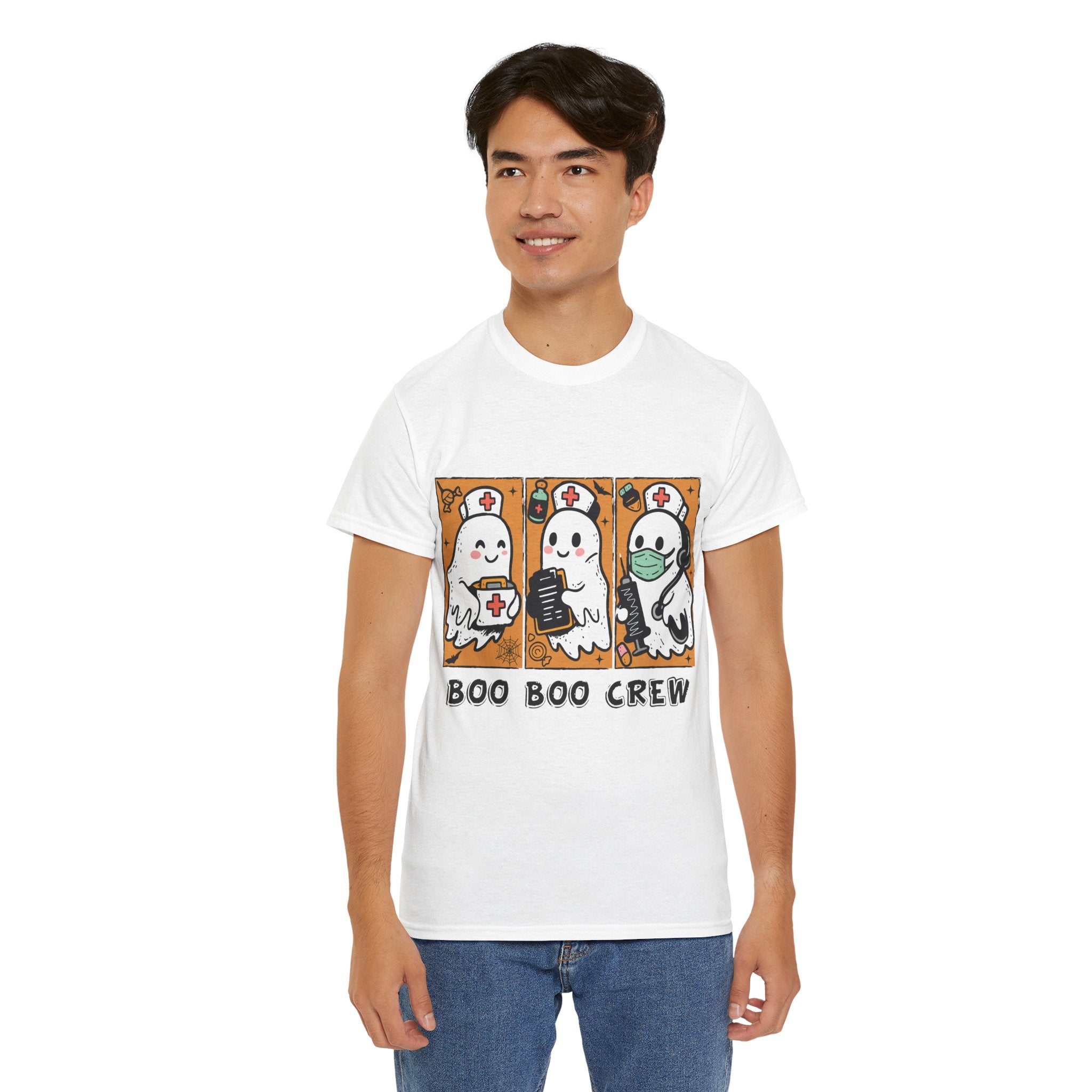 Halloween Nurse T-Shirt — Ghost Nurses Holding Medical Tools on Orange Unisec Cotton Tee
