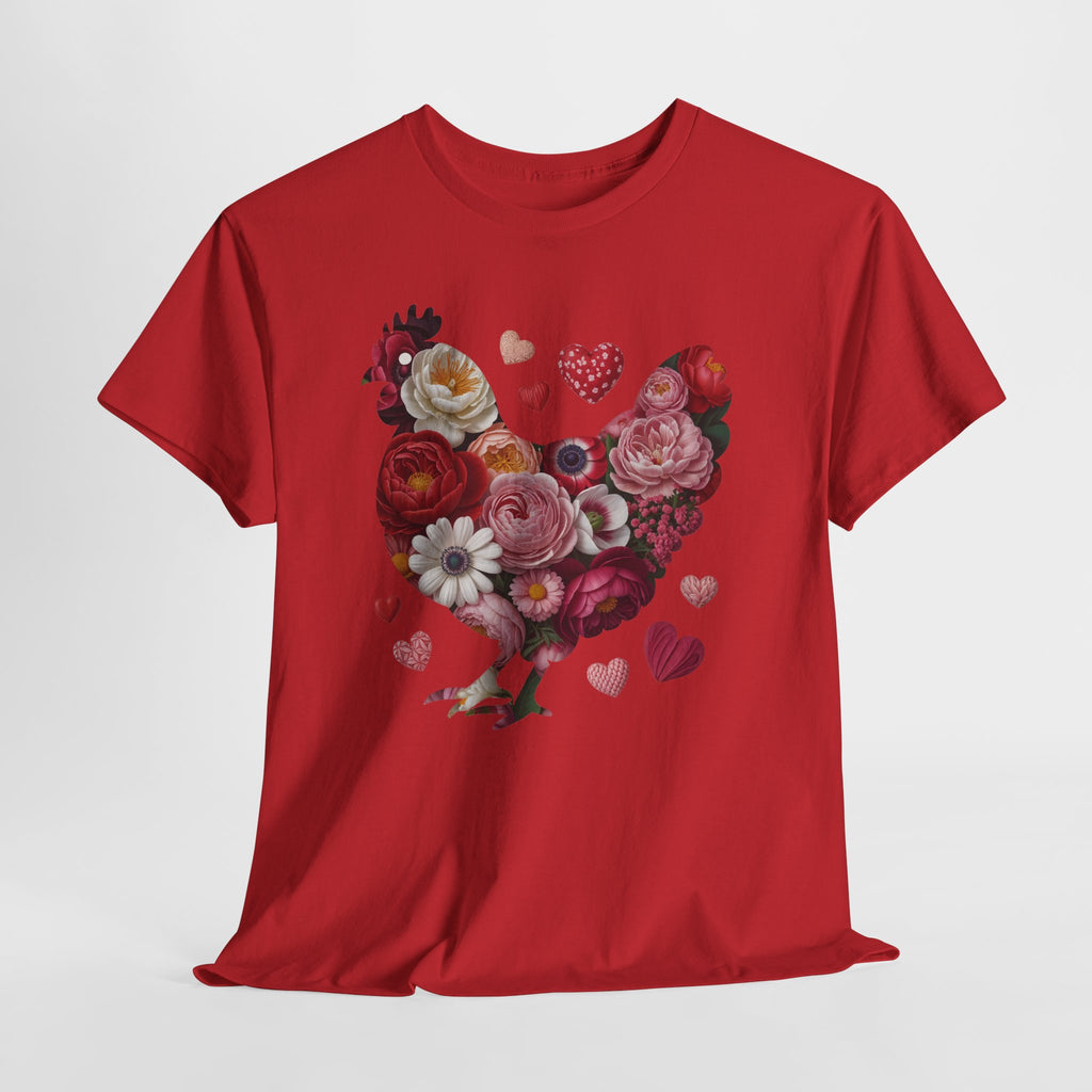 Floral Chicken Heart Tee — Red & Pink Flower Silhouette Unisex Cotton Tee