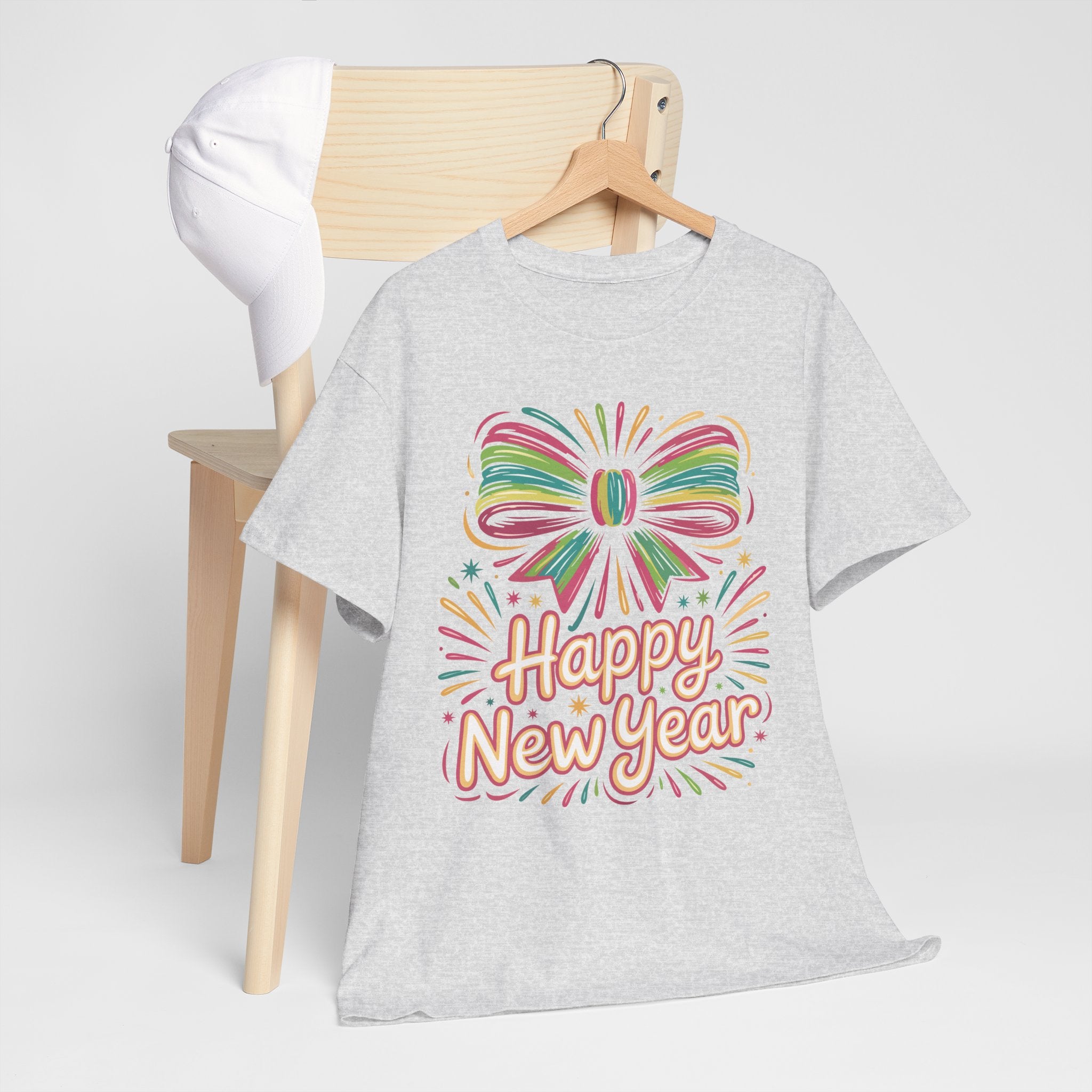 Happy New Year Pastel Tee — Rainbow Bow & Fireworks Celebration Unisex Cotton Tshirt