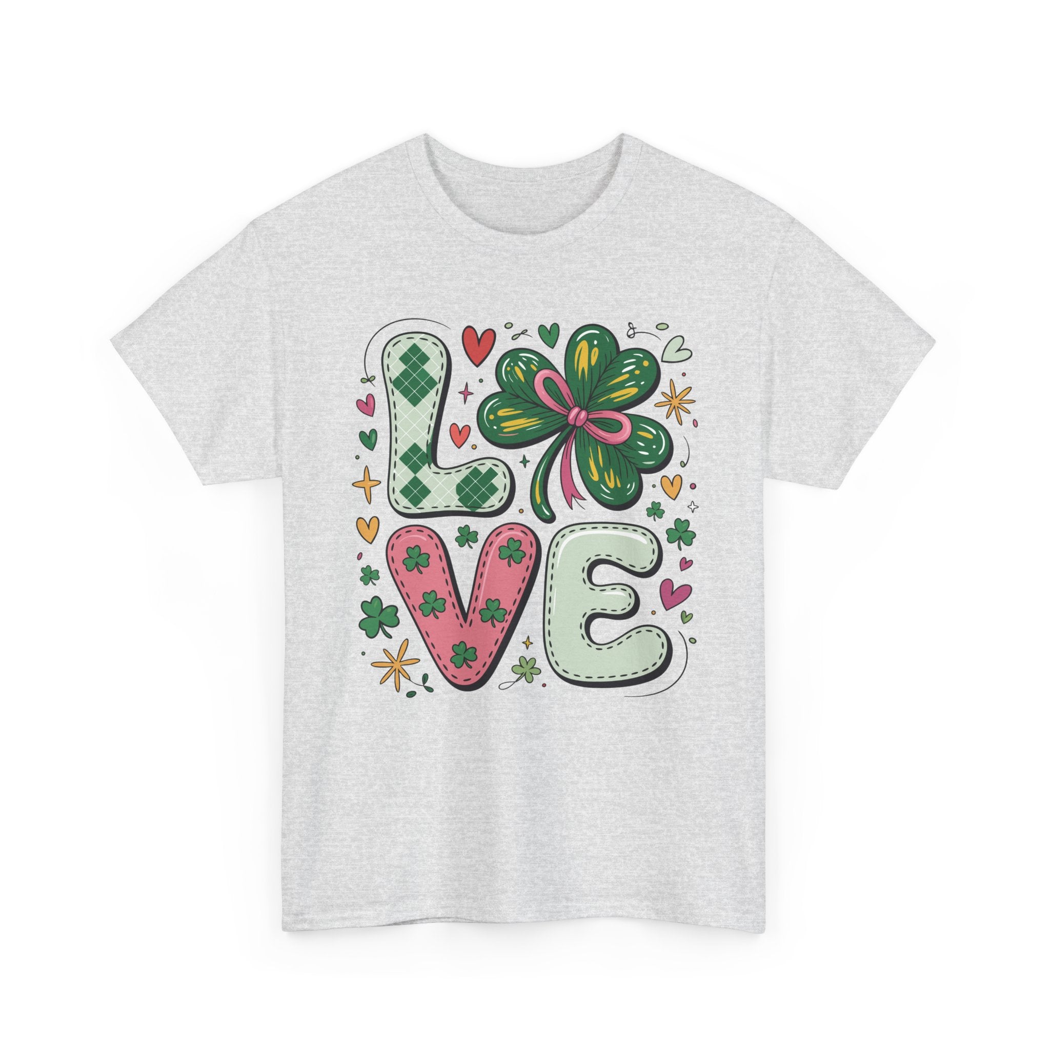 Stitched Clover 'LOVE' Tee — Heart & Patchwork St. Patrick's Unisex Cotton T-Shirt