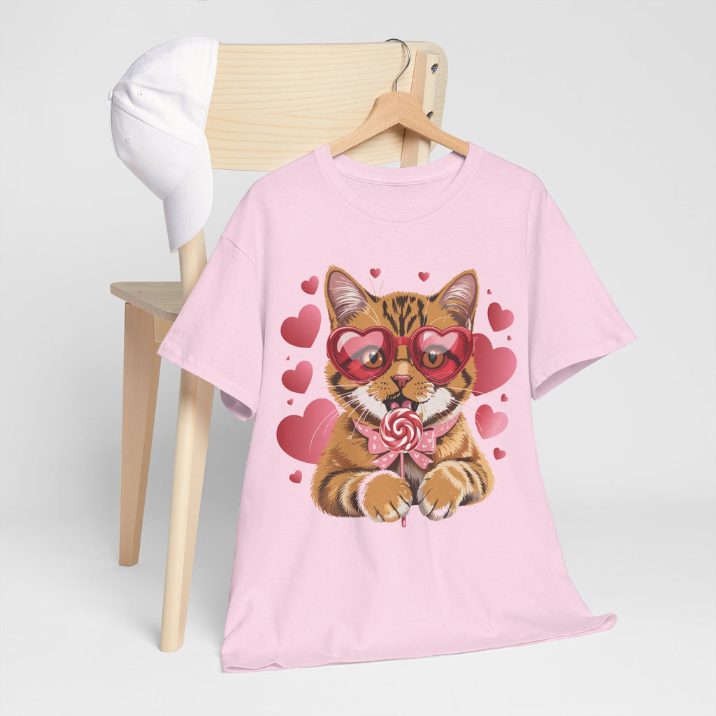 Valentine Cat Tee — Heart Glasses, Lollipop Bow Unisex Cotton Tee