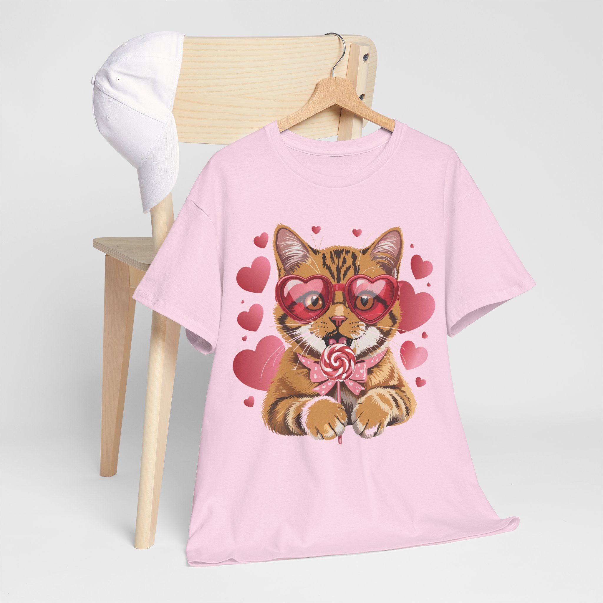 Valentine Cat Tee — Heart Glasses, Lollipop Bow Unisex Cotton Tee