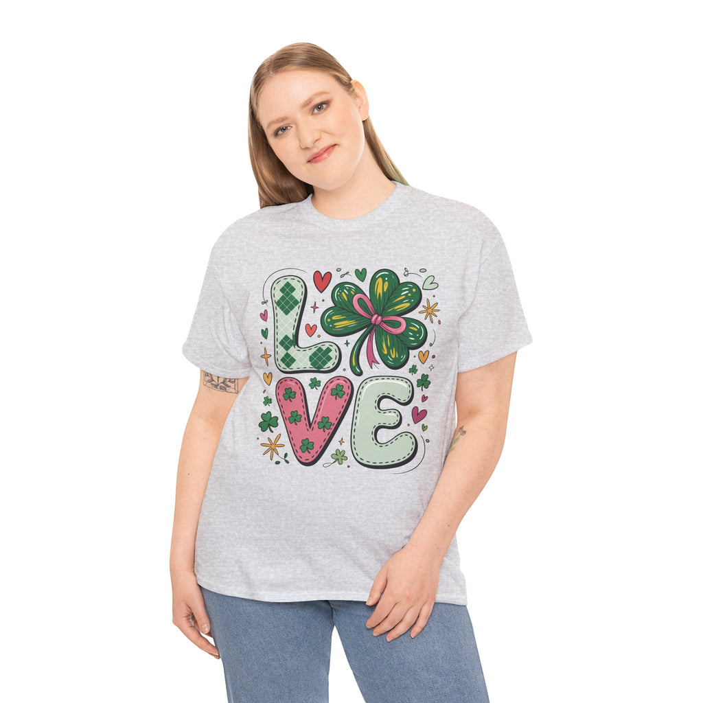 Stitched Clover 'LOVE' Tee — Heart & Patchwork St. Patrick's Unisex Cotton T-Shirt