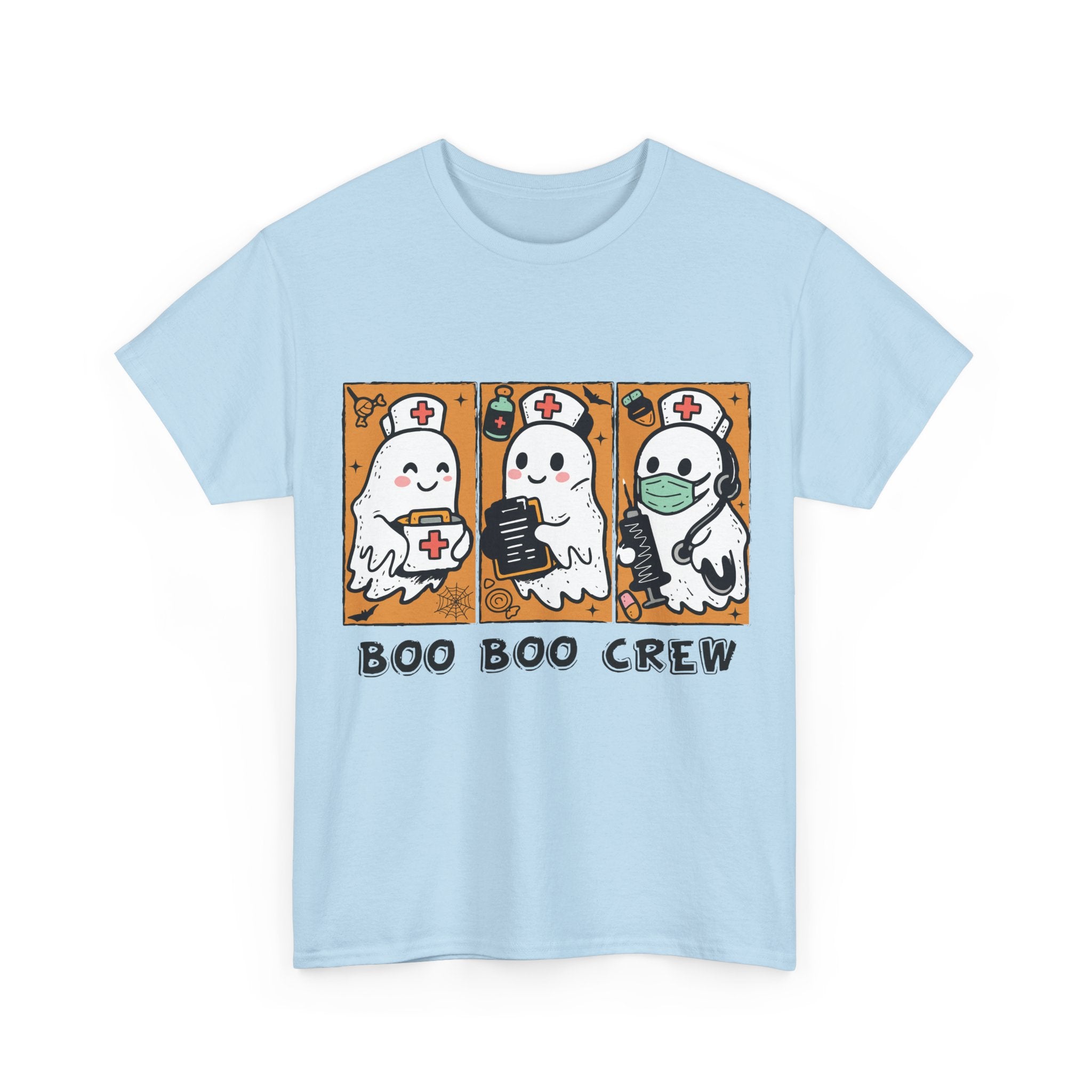 Halloween Nurse T-Shirt — Ghost Nurses Holding Medical Tools on Orange Unisec Cotton Tee