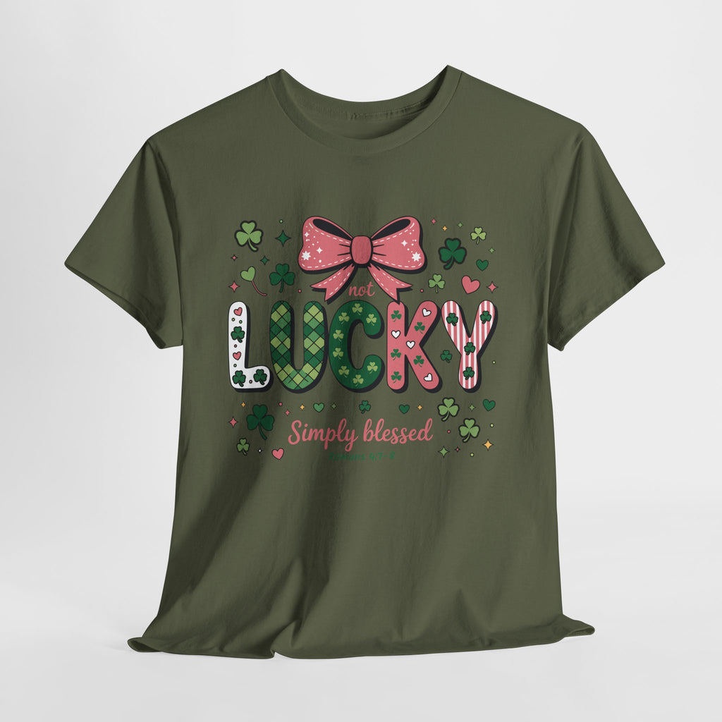Simply Blessed Tee — “Not Lucky, Simply Blessed” with Pastel Bow, Clovers & Romans 4:7-8 Unisex Cotton Tee