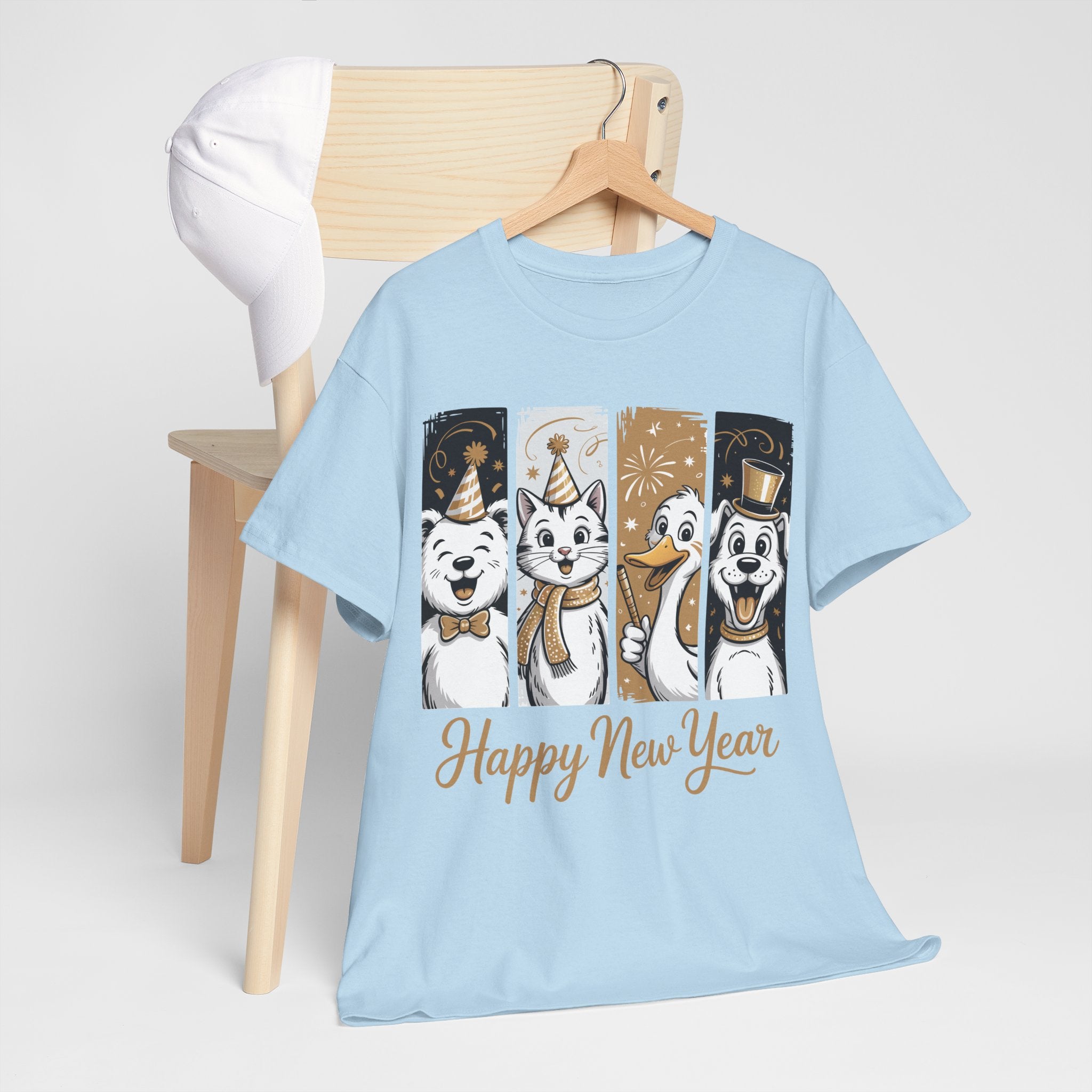 Happy New Year Party Animals T-Shirt — Cute Smiling Animals in Party Hats & Gold Fireworks..Unisex Cotton Tee