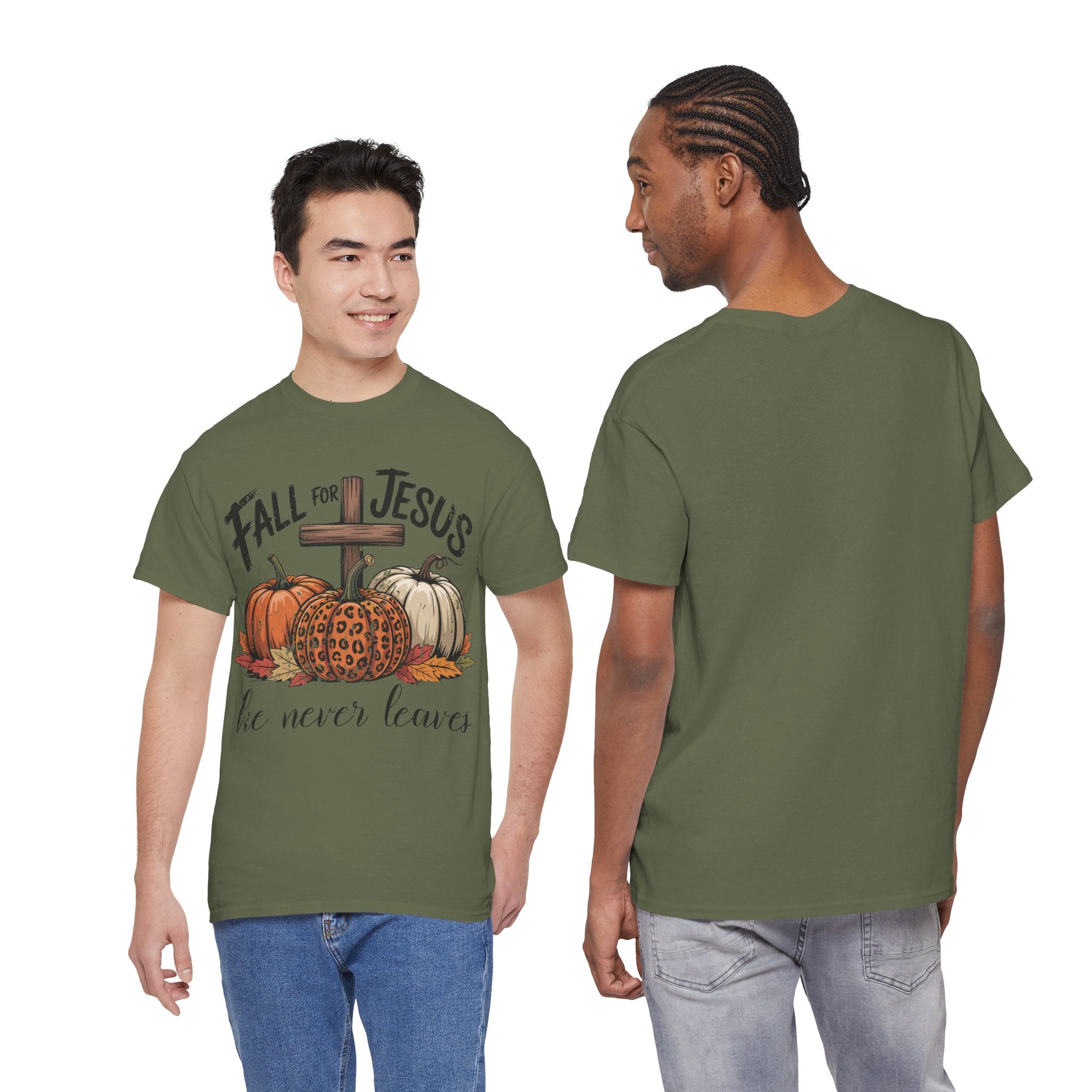 Fall for Jesus Pumpkin Cross Tee — "He Never Leaves" Autumn Christian Unisex Cotton T-Shirt