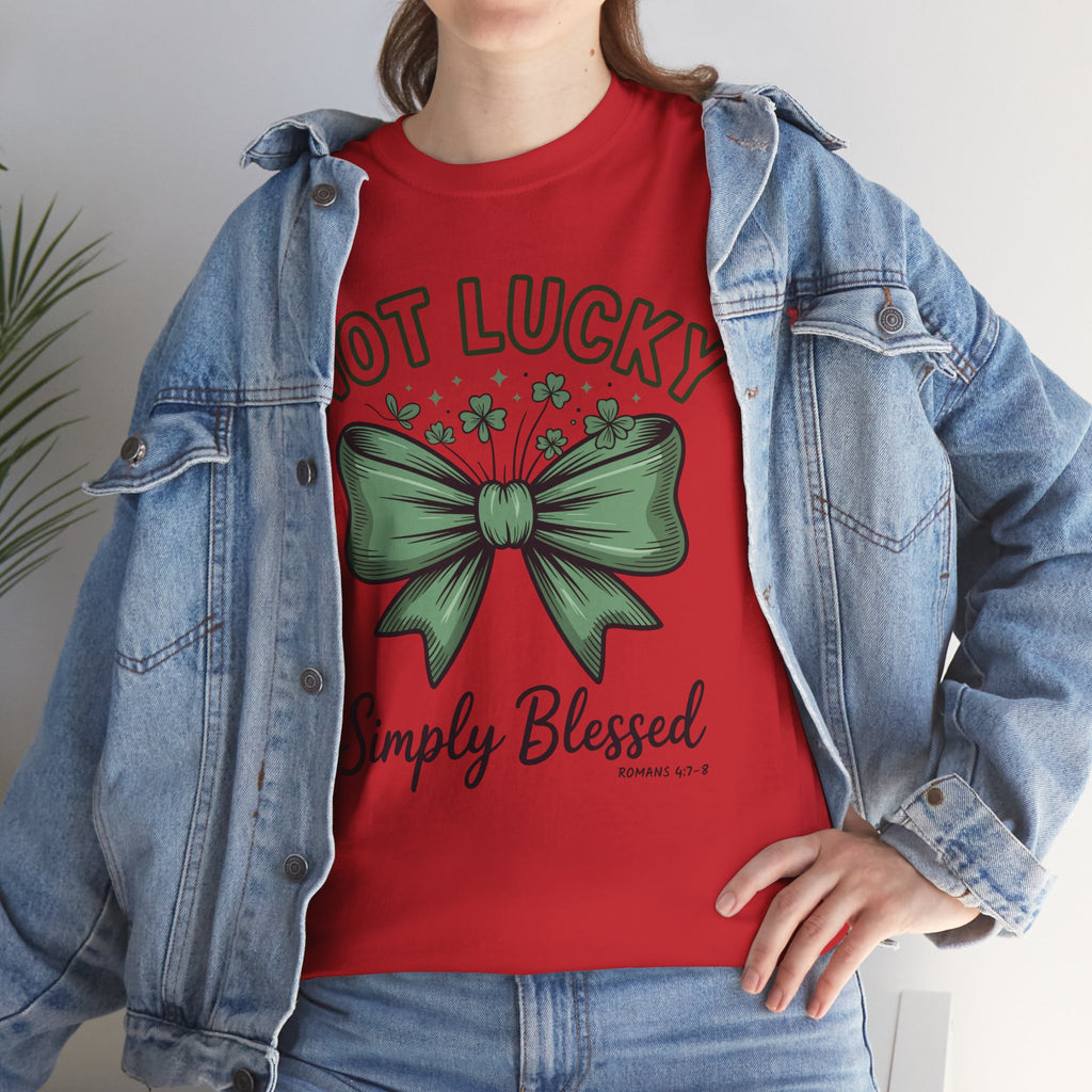 Not Lucky, Simply Blessed T-Shirt — Green Bow & Clovers St. Patrick’s Unisex Cotton Tee