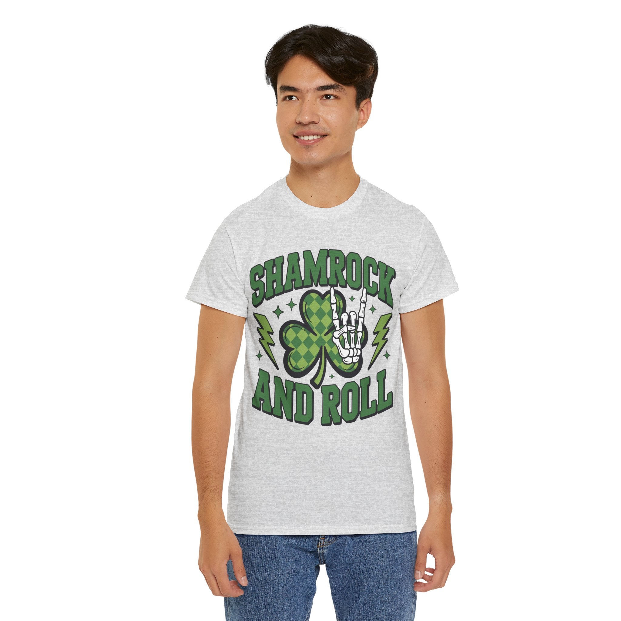 Shamrock and Roll Tee — Skeleton Hand & Lightning St. Patrick’s Rock Unisex Cotton Shirt