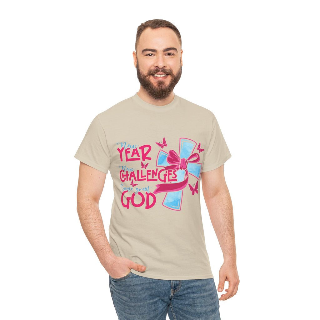 Christian T-Shirt — “New Year, New Challenges, Same Great God” with Pink Bow Cross & Butterflies. Unisex Cotton Tee