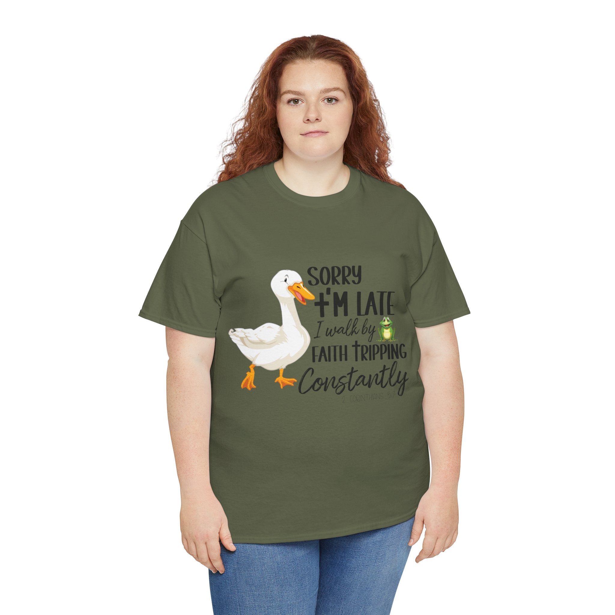 Christian Humor T-Shirt — “Sorry I’m Late, I Walk by Faith Tripping Constantly” (Duck & Frog). Unisex Cotton Tee