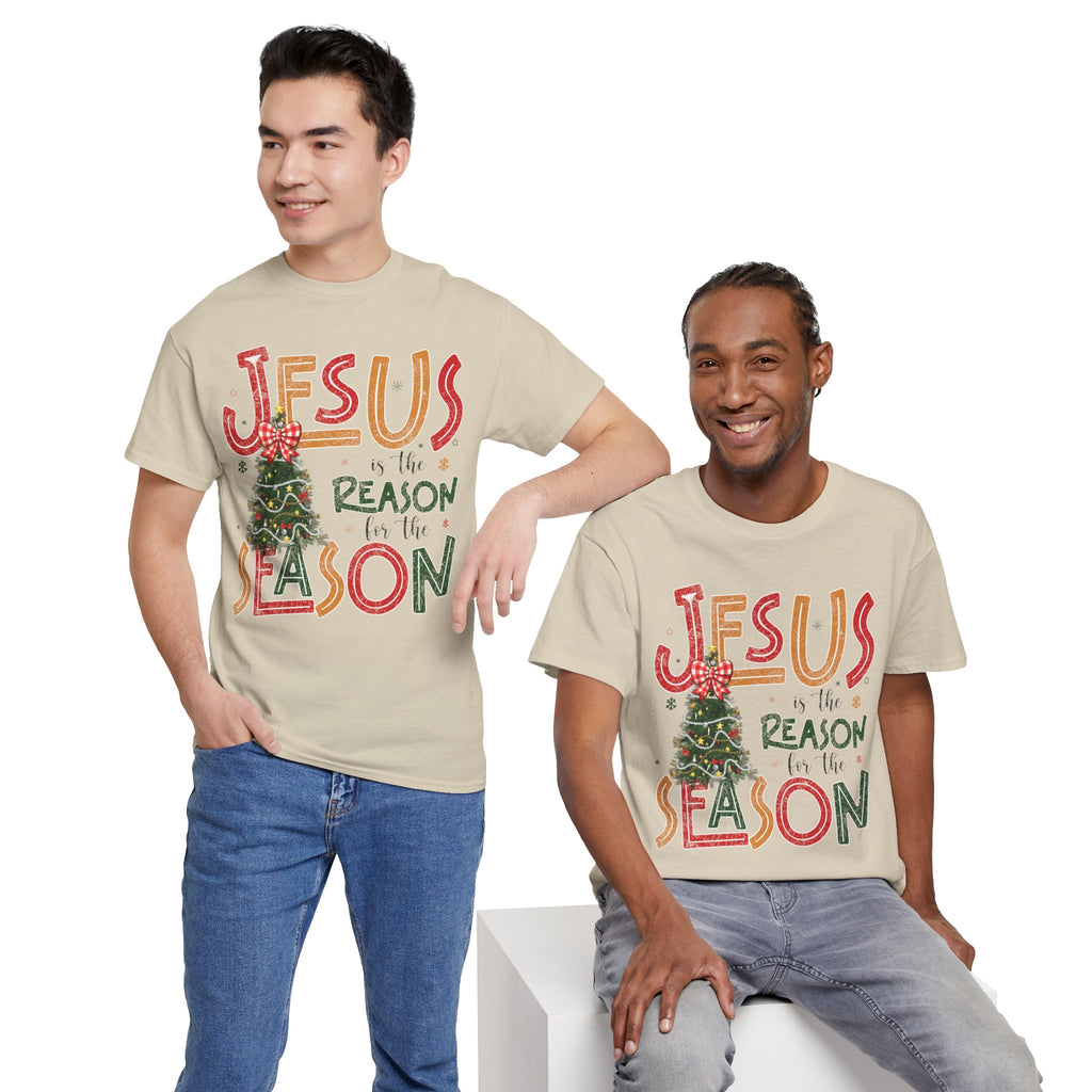 Jesus Is the Reason for the Season Christmas T-Shirt — Plaid Bow Tree..Unisex Cotton Tee