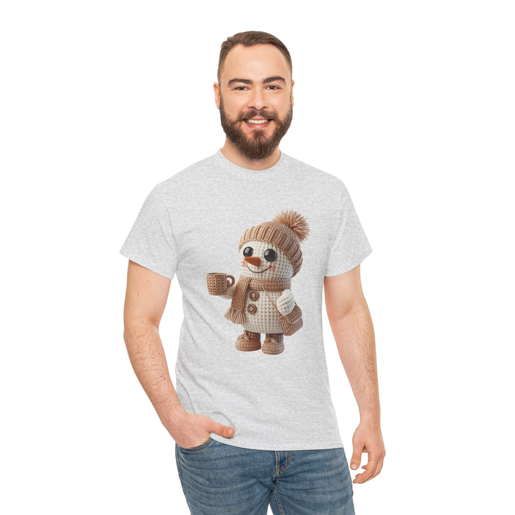 Cozy Snowman Tee — Smiling Snowman with Mug, Scarf & Beanie. Unisex Cotton Tee