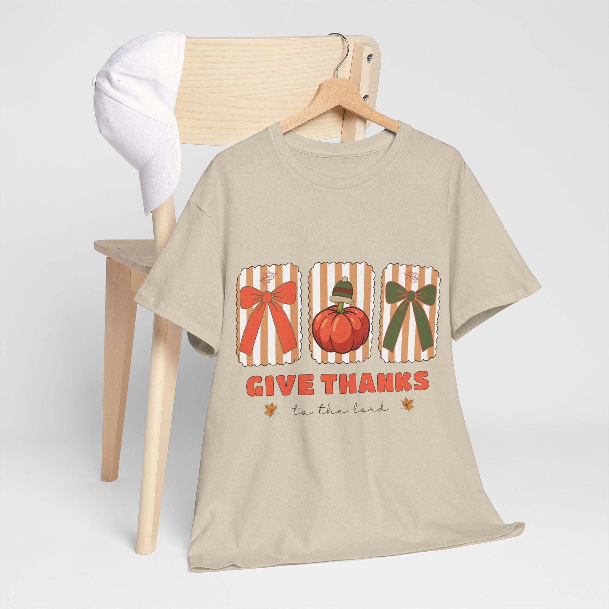 Give Thanks Thanksgiving T-Shirt — Pumpkin with Hat & Bows Unisex Cotton Tee