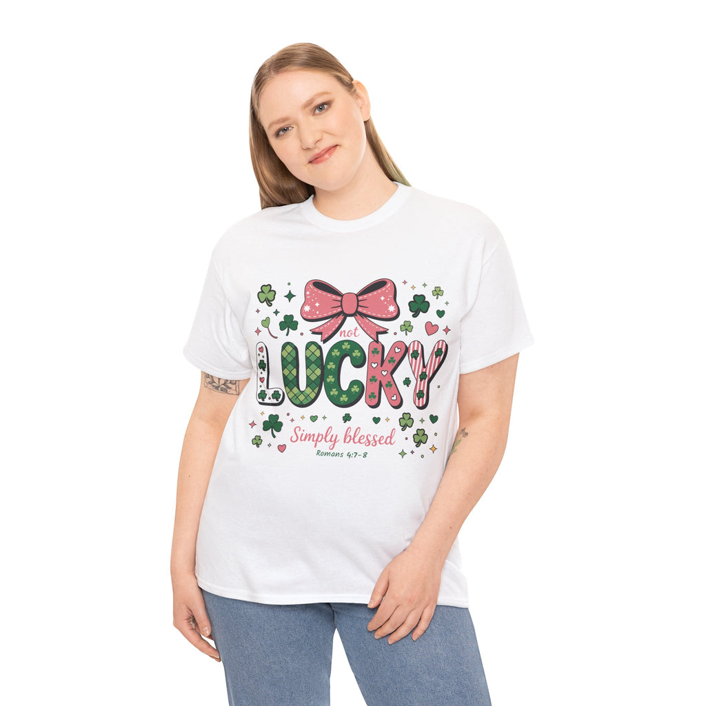 Simply Blessed Tee — “Not Lucky, Simply Blessed” with Pastel Bow, Clovers & Romans 4:7-8 Unisex Cotton Tee