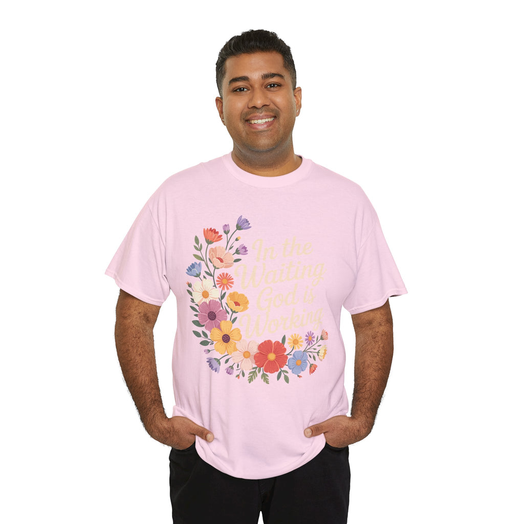 Pastel Floral “In the Waiting God Is Working” Unisex Cotton T-Shirt