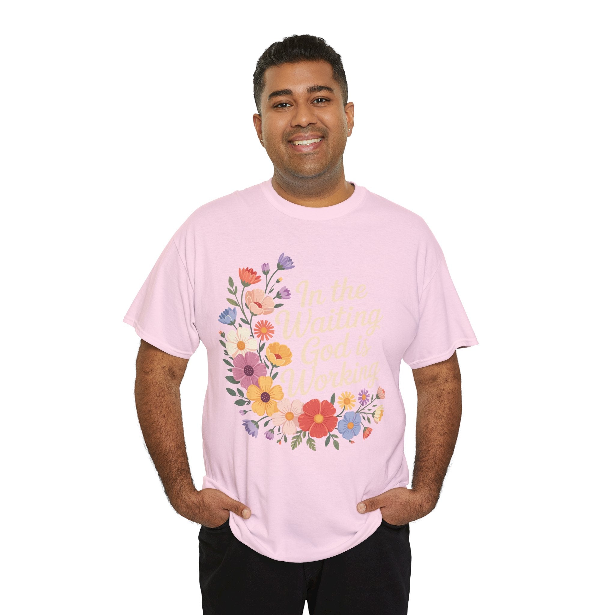 Pastel Floral “In the Waiting God Is Working” Unisex Cotton T-Shirt