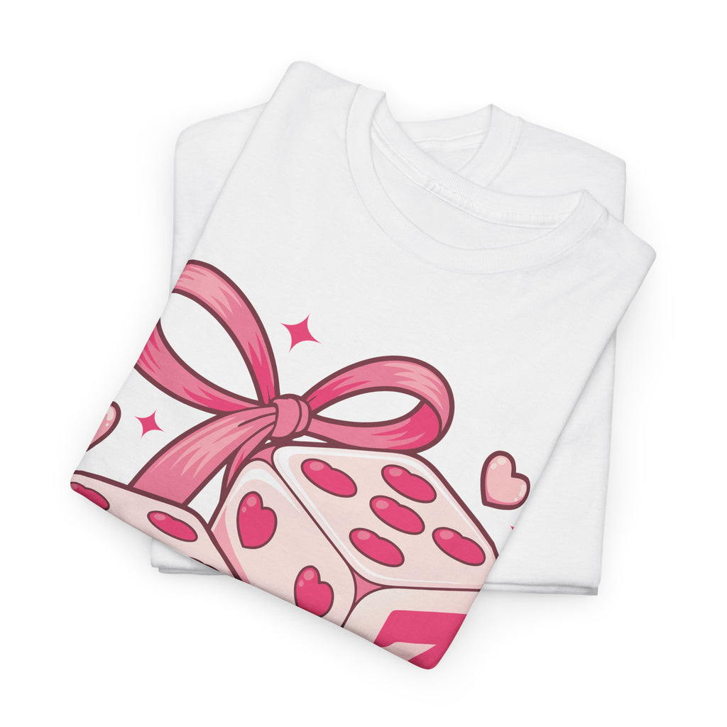 Lucky Love Dice T-Shirt — Pink Heart Dice with Bow..Unisex Cotton Tee
