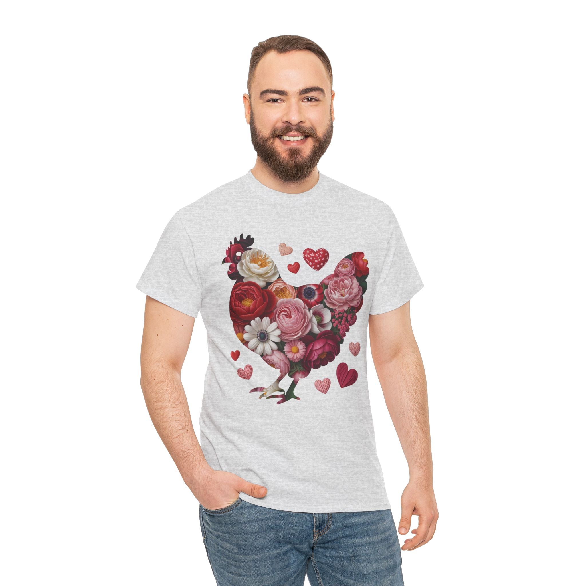 Floral Chicken Heart Tee — Red & Pink Flower Silhouette Unisex Cotton Tee