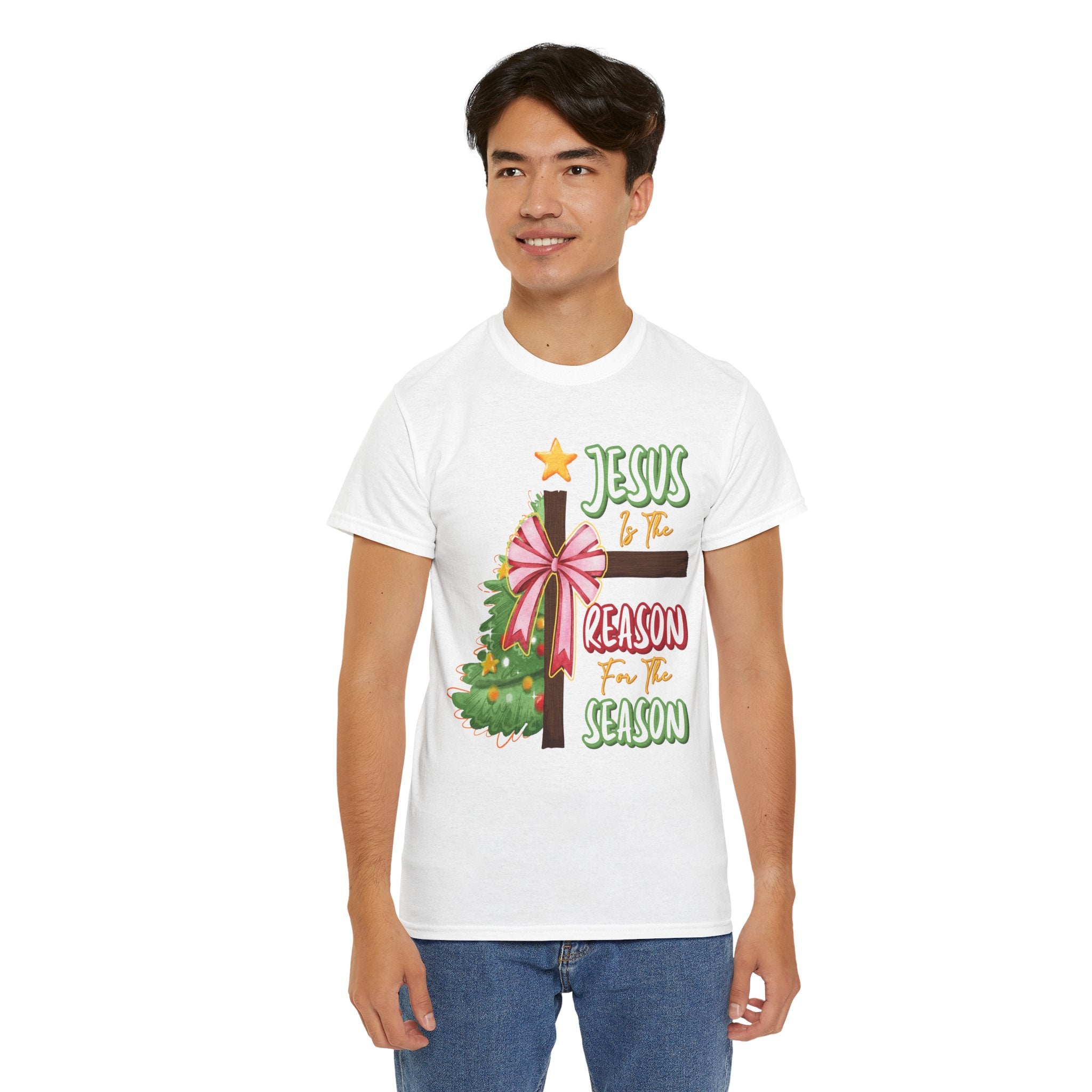 Jesus Is the Reason for the Season Christmas Tee — Cross with Pink Bow & Tree. Unisex Cotton Tee