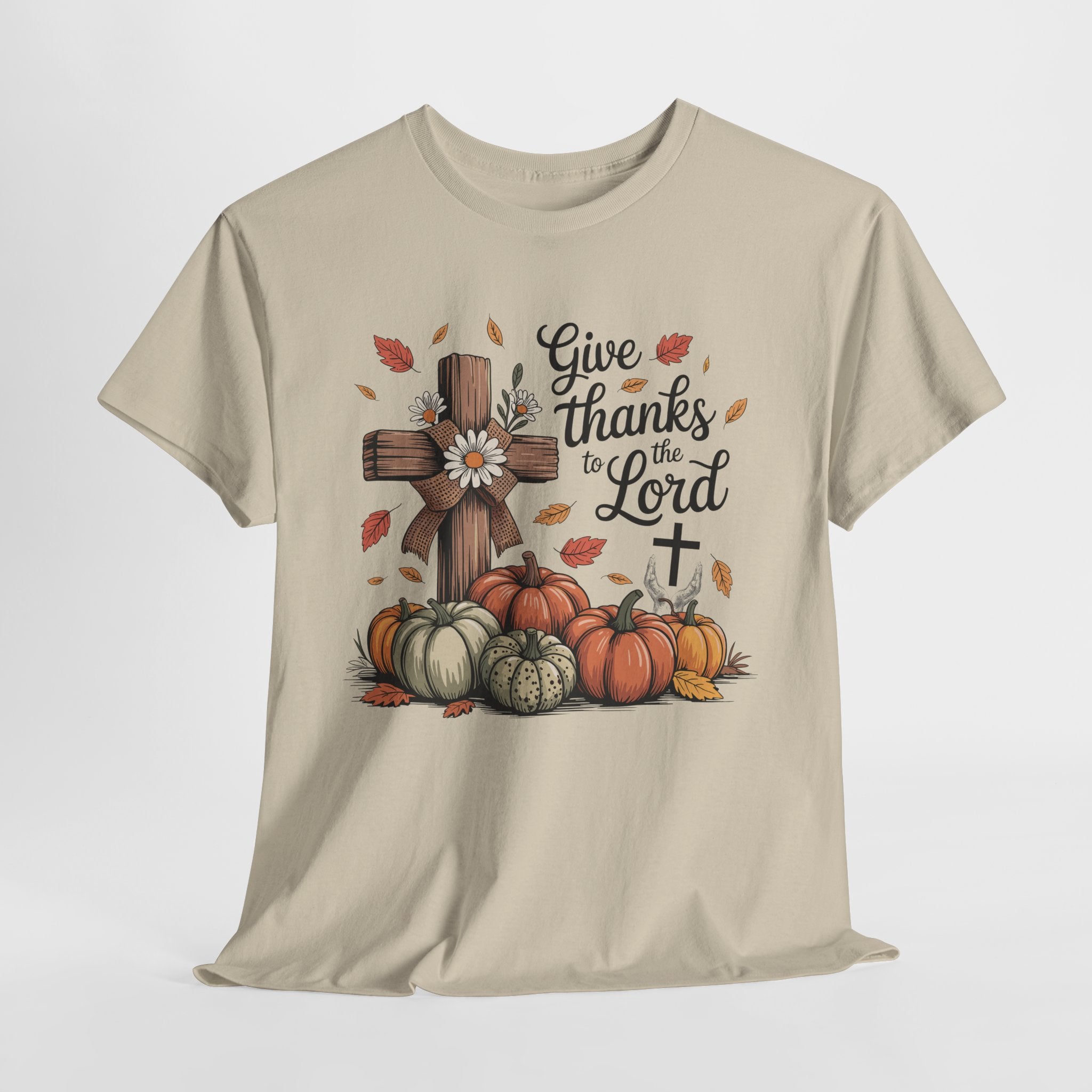 Give Thanks to the Lord Autumn Tee — Wooden Cross, Pumpkins & Daisies..Unisex Cotton Tee