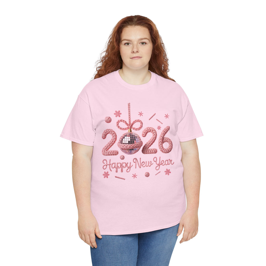 2026 Happy New Year Pink Knitted Disco Ball Unisex Cotton Tee