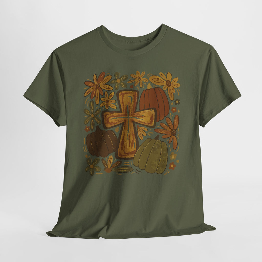 Autumn Cross Tee — Rustic Pumpkin & Fall Floral Christian Unisaex Cotton T-Shirt
