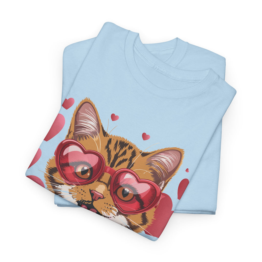 Valentine Cat Tee — Heart Glasses, Lollipop Bow Unisex Cotton Tee