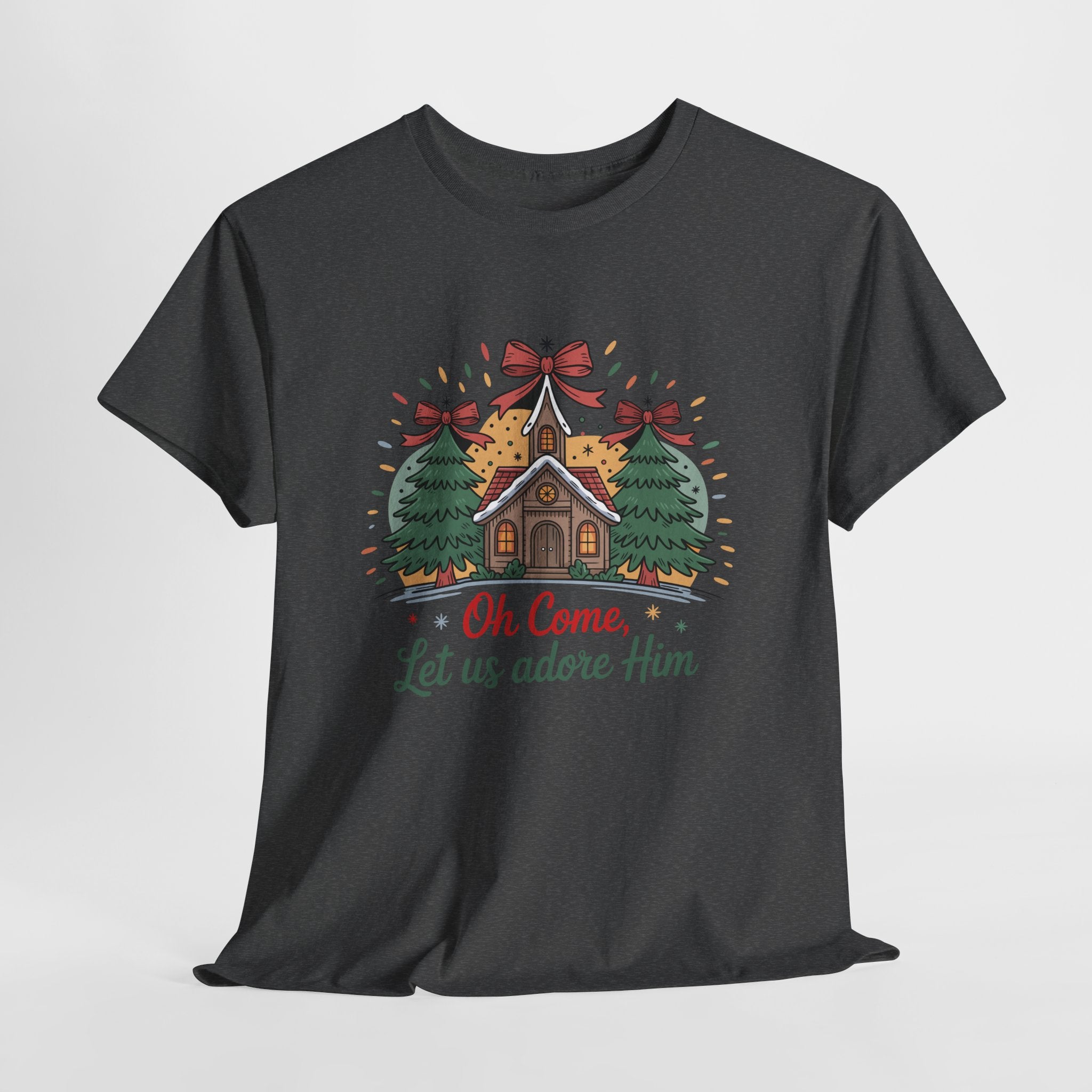 Oh Come Let Us Adore Him Christmas Tee — Church & Trees Holiday Unisex Cotton Tshirt
