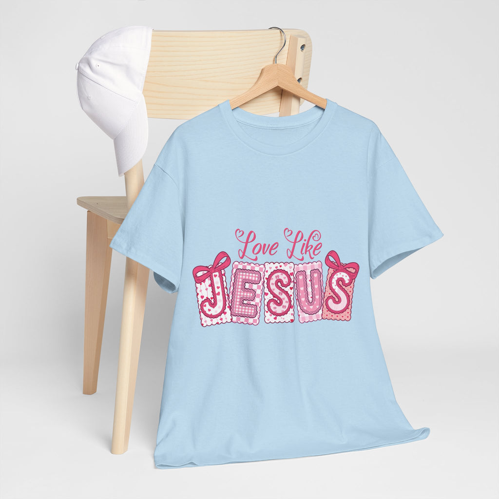Love Like Jesus Patchwork Tee — Pink Stitched Heart Graphic.Unisex Cotton Tee