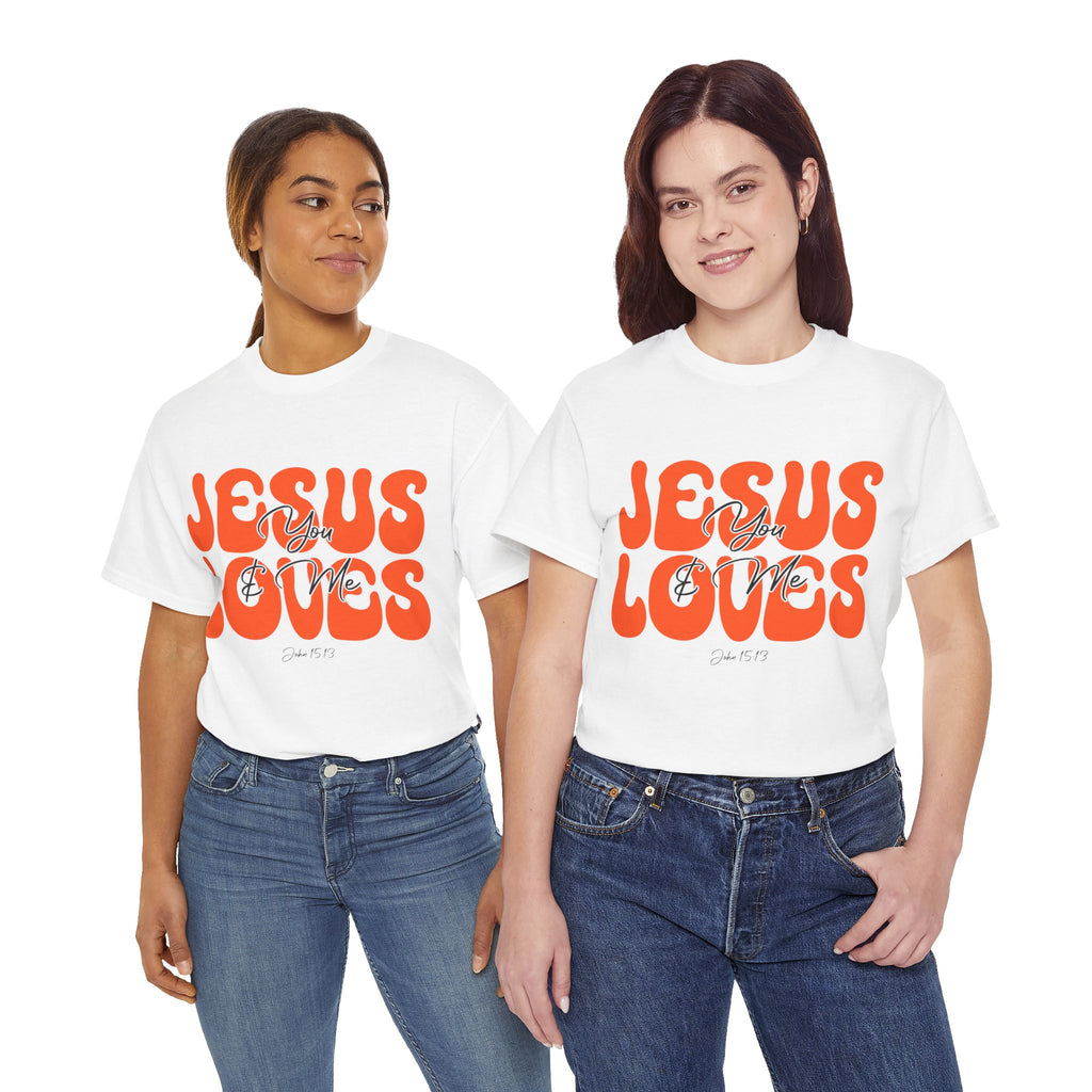 Jesus Loves You & Me Retro Tee — Playful Orange Bubbly Christian Unisex Cotton T-Shirt