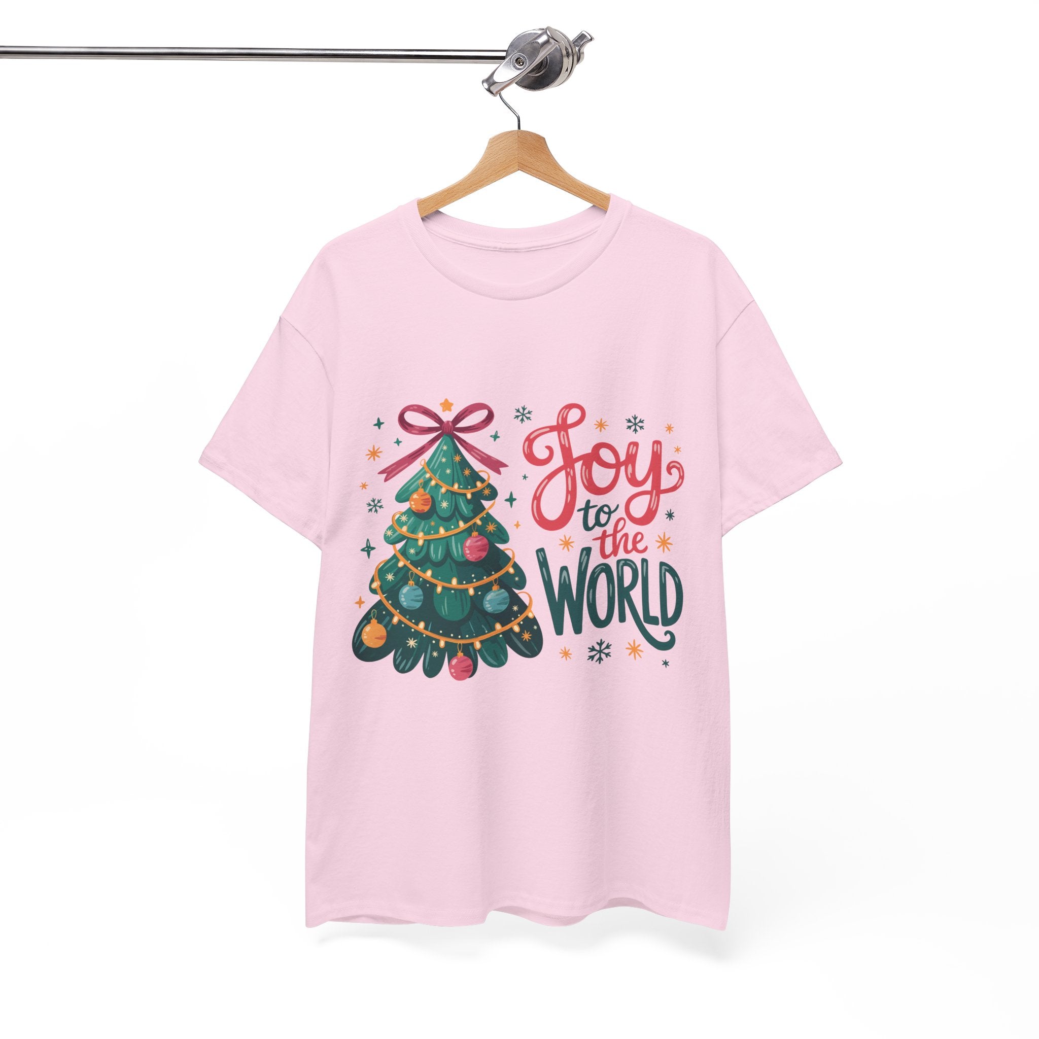 Joy to the World Christmas Tee — Festive Tree with Pink Bow..Unisex Cotton Tee